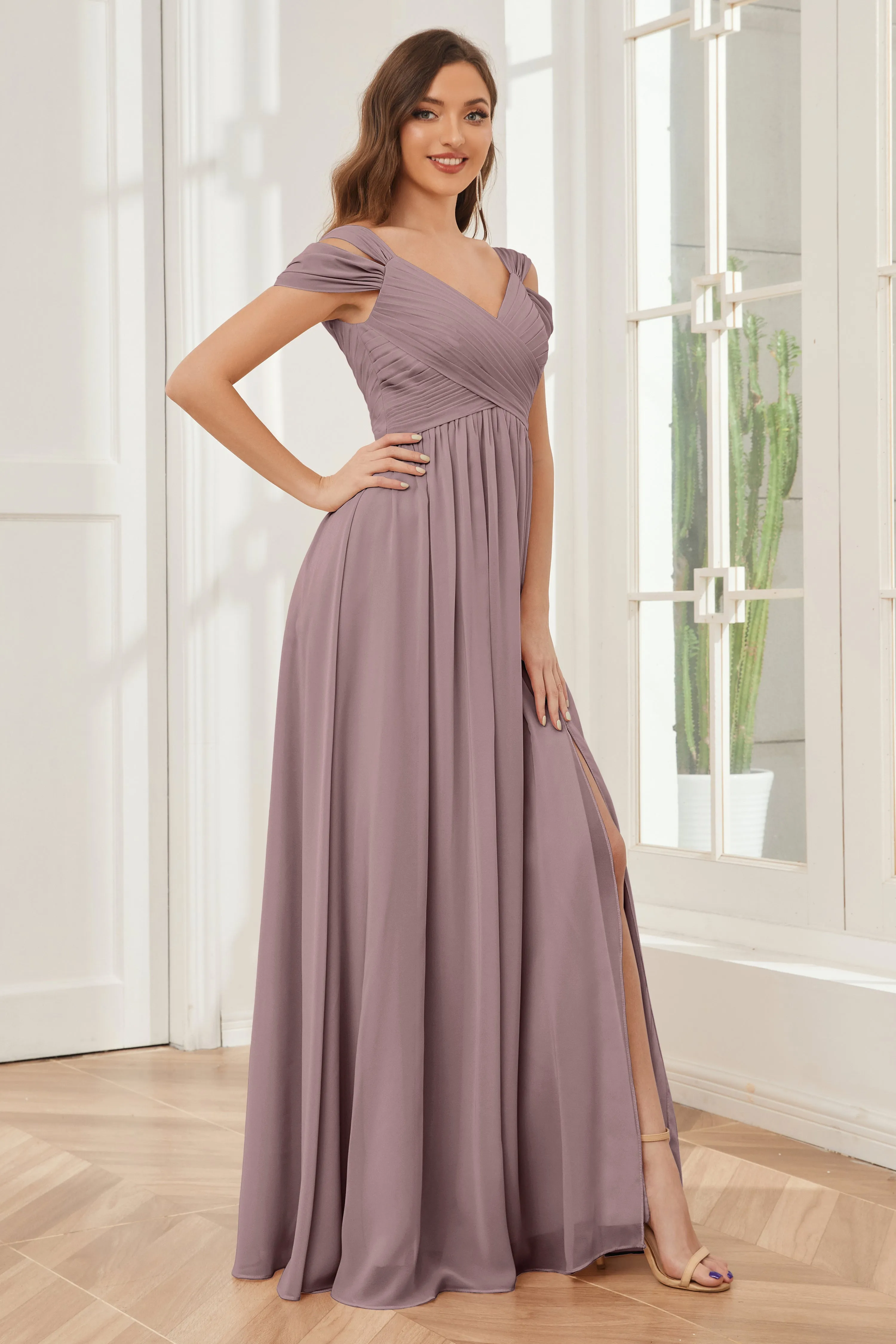 Off-the-Shoulder Side Slit Empire Bridesmaid Dresses