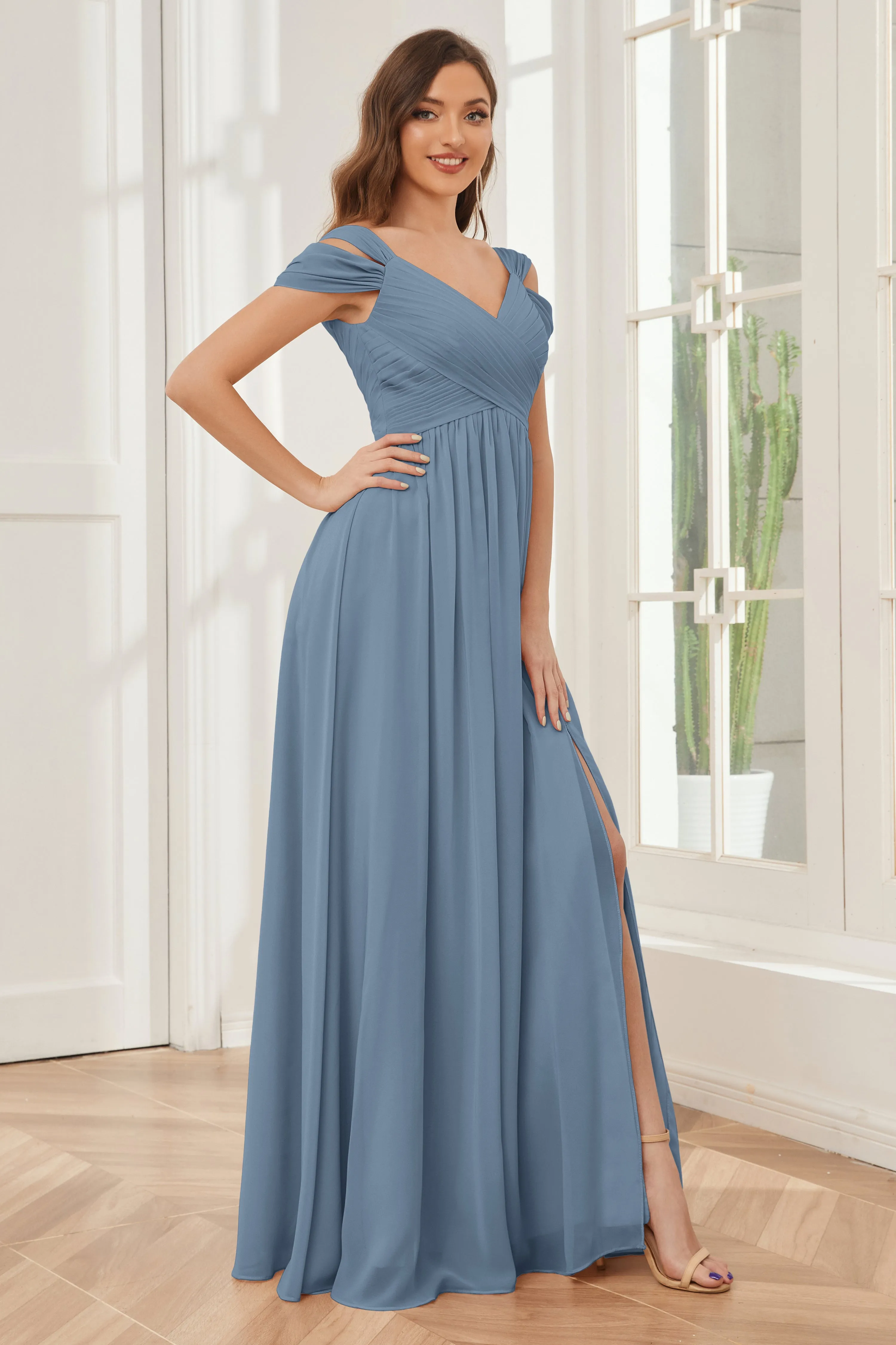 Off-the-Shoulder Side Slit Empire Bridesmaid Dresses