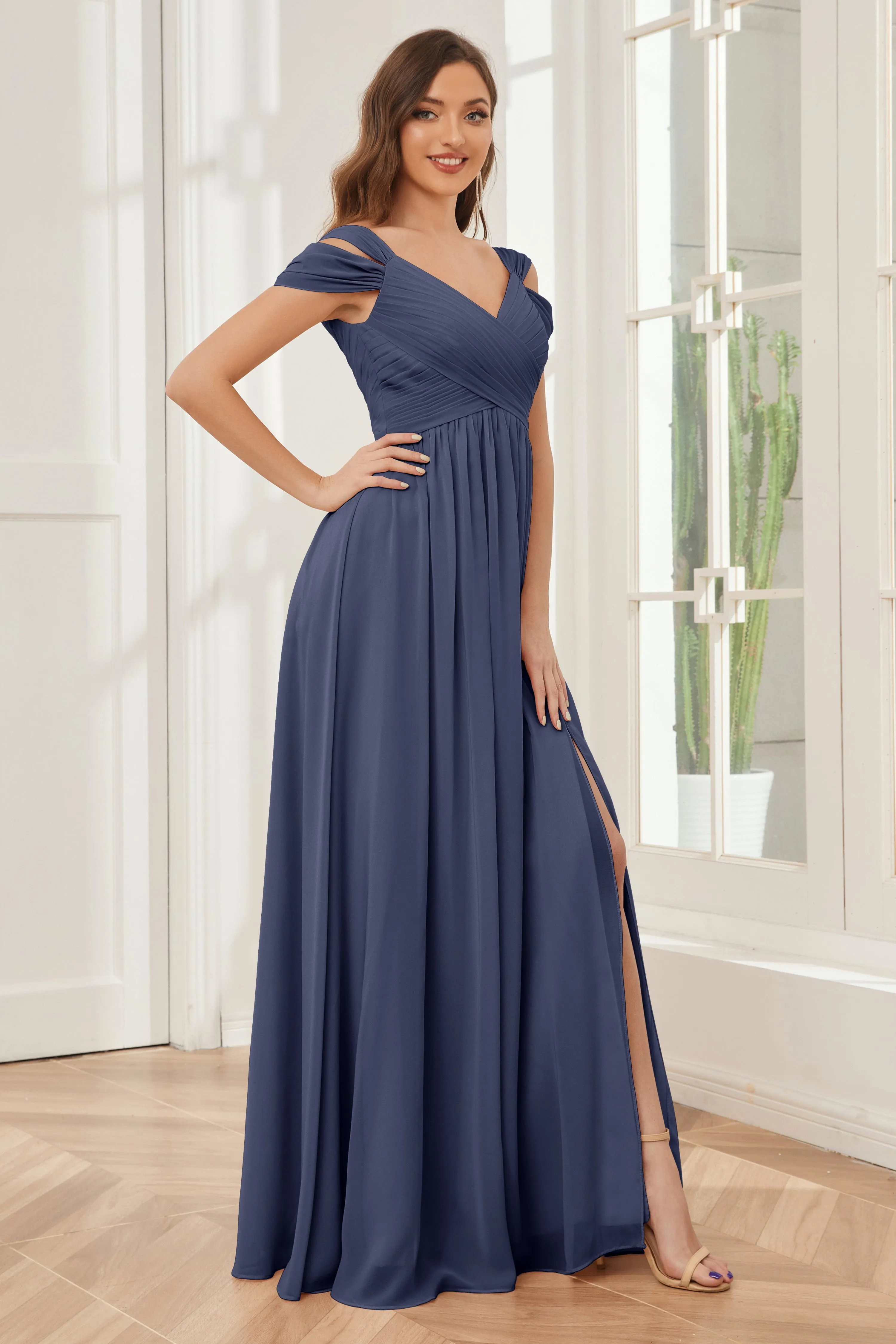 Off-the-Shoulder Side Slit Empire Bridesmaid Dresses