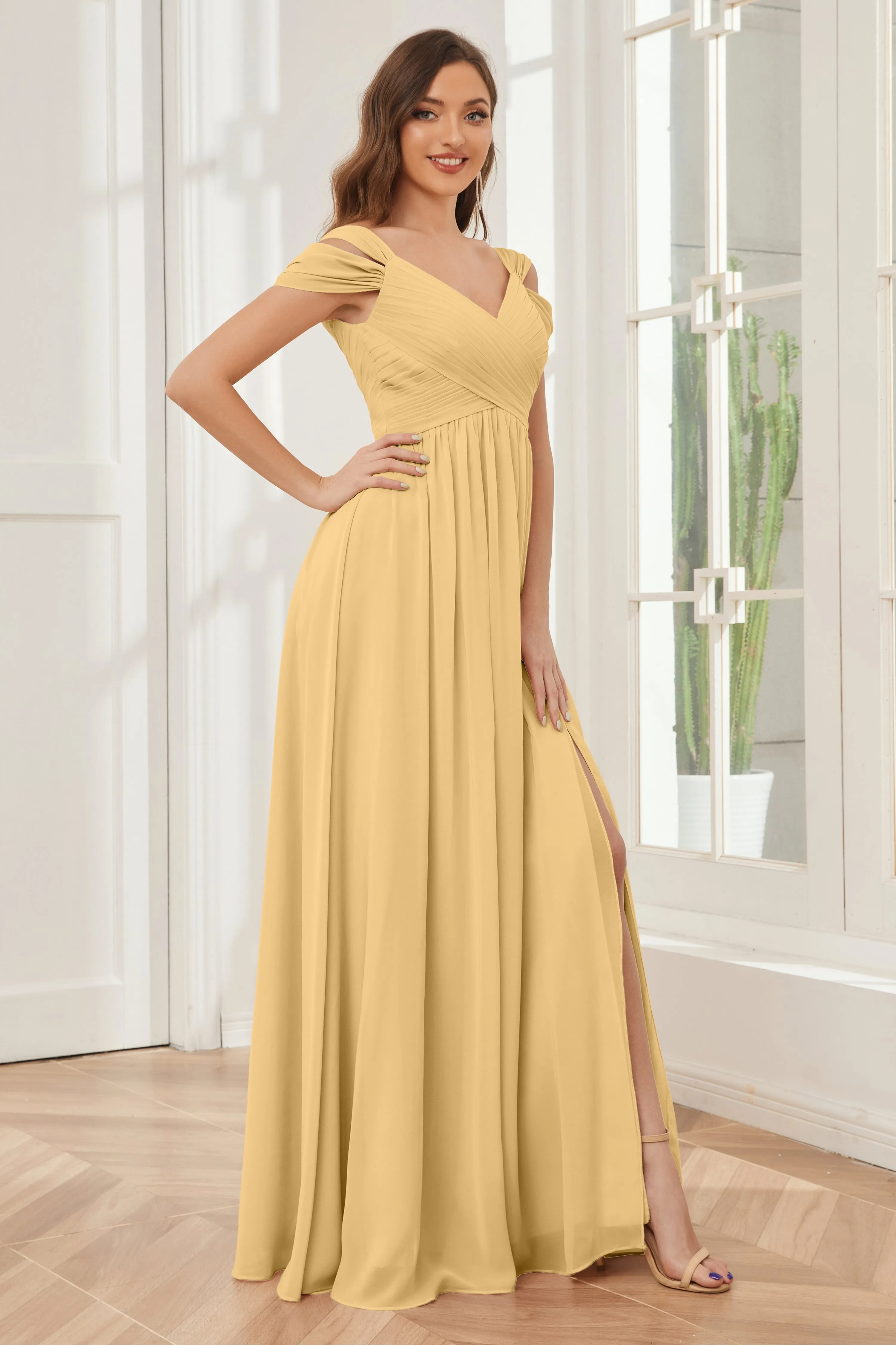 Off-the-Shoulder Side Slit Empire Bridesmaid Dresses