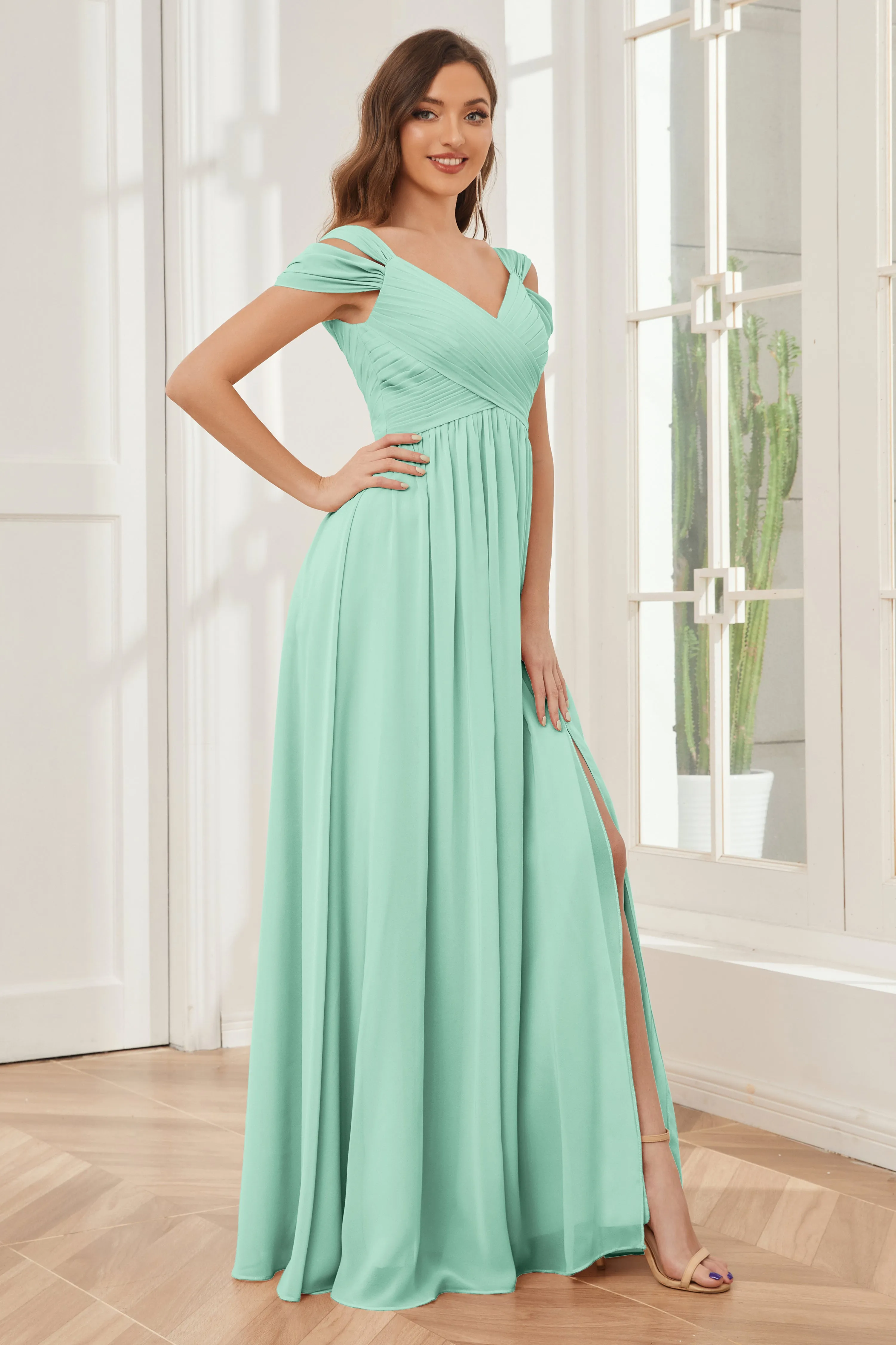 Off-the-Shoulder Side Slit Empire Bridesmaid Dresses