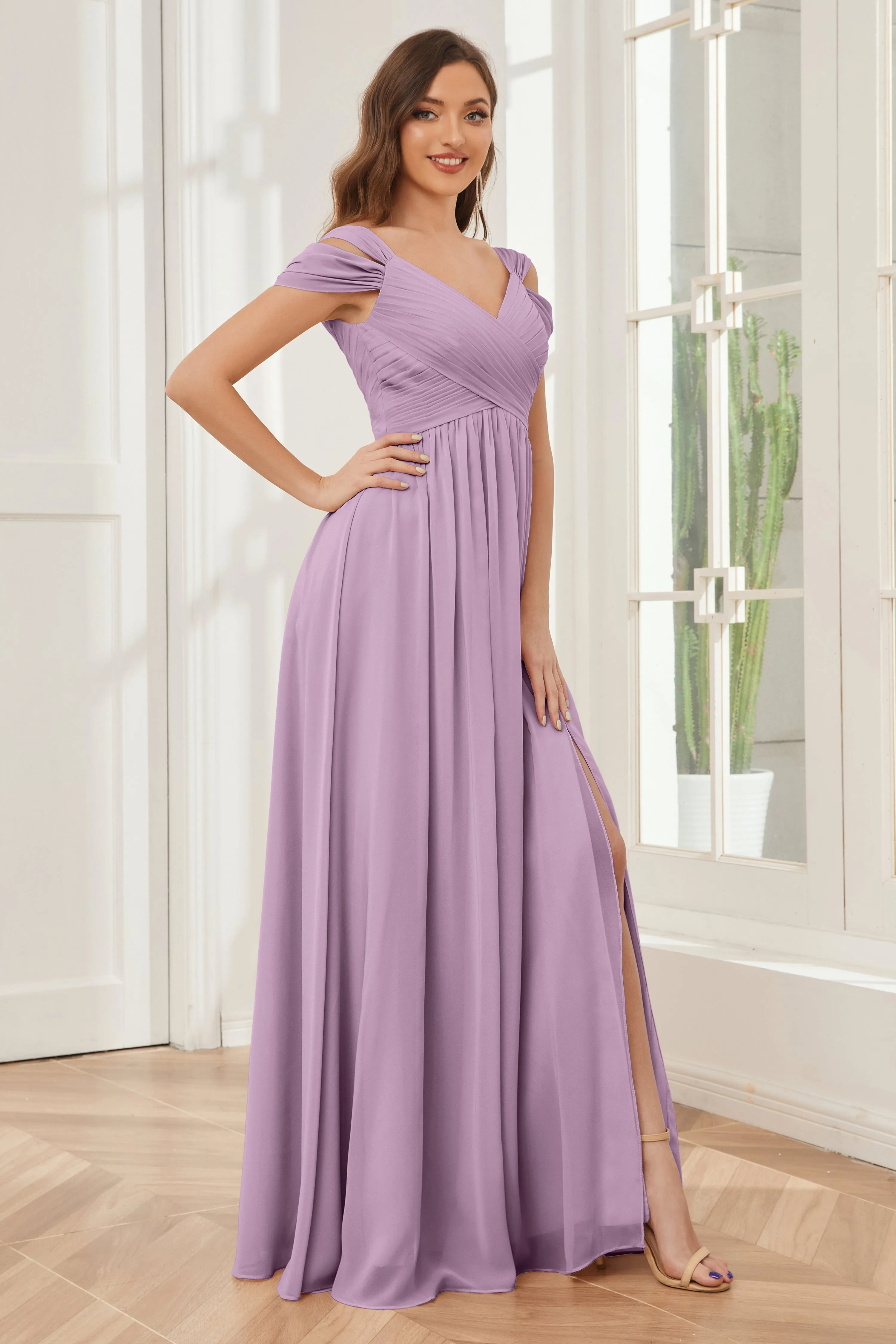 Off-the-Shoulder Side Slit Empire Bridesmaid Dresses