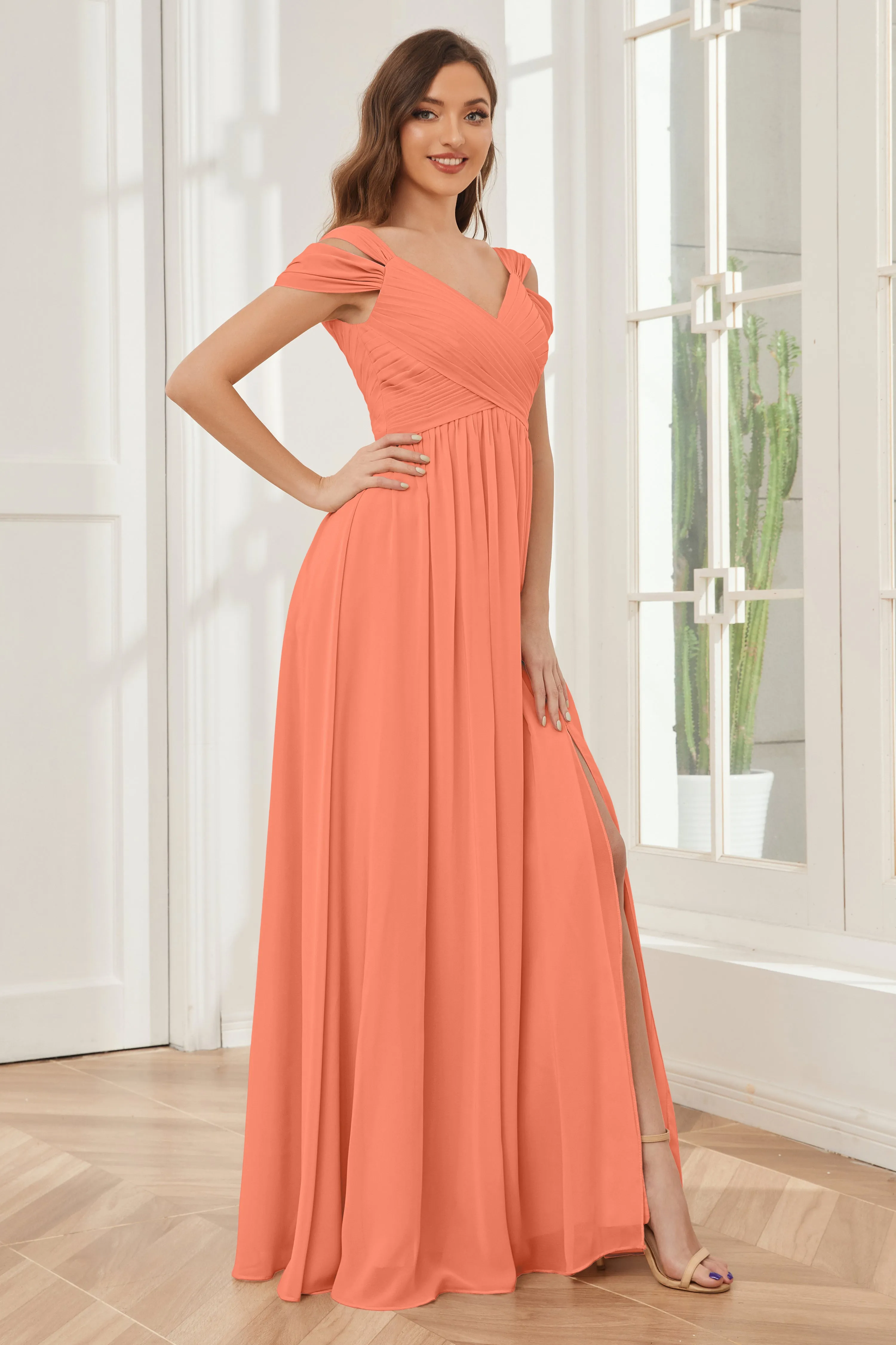 Off-the-Shoulder Side Slit Empire Bridesmaid Dresses