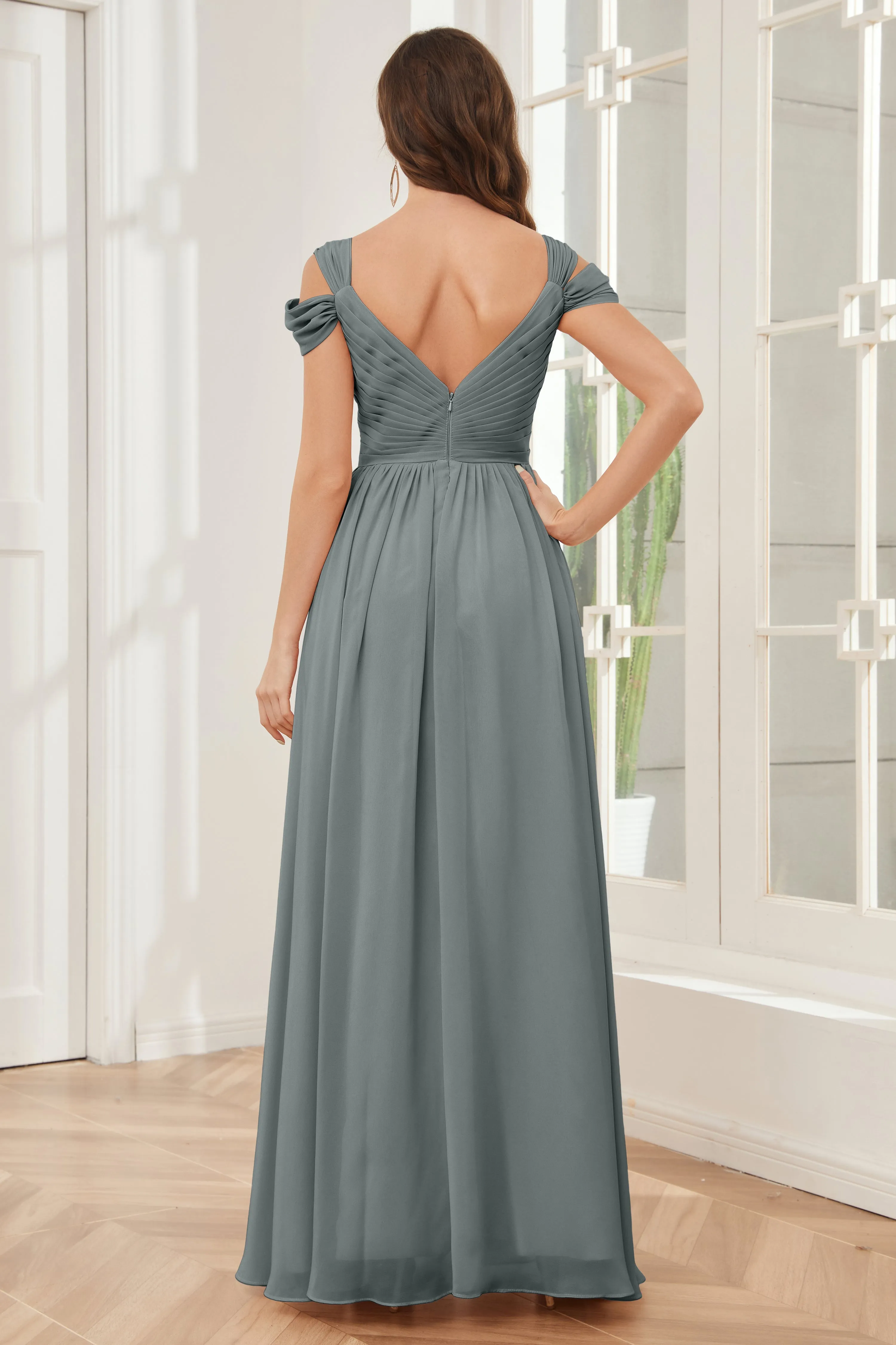 Off-the-Shoulder Side Slit Empire Bridesmaid Dresses