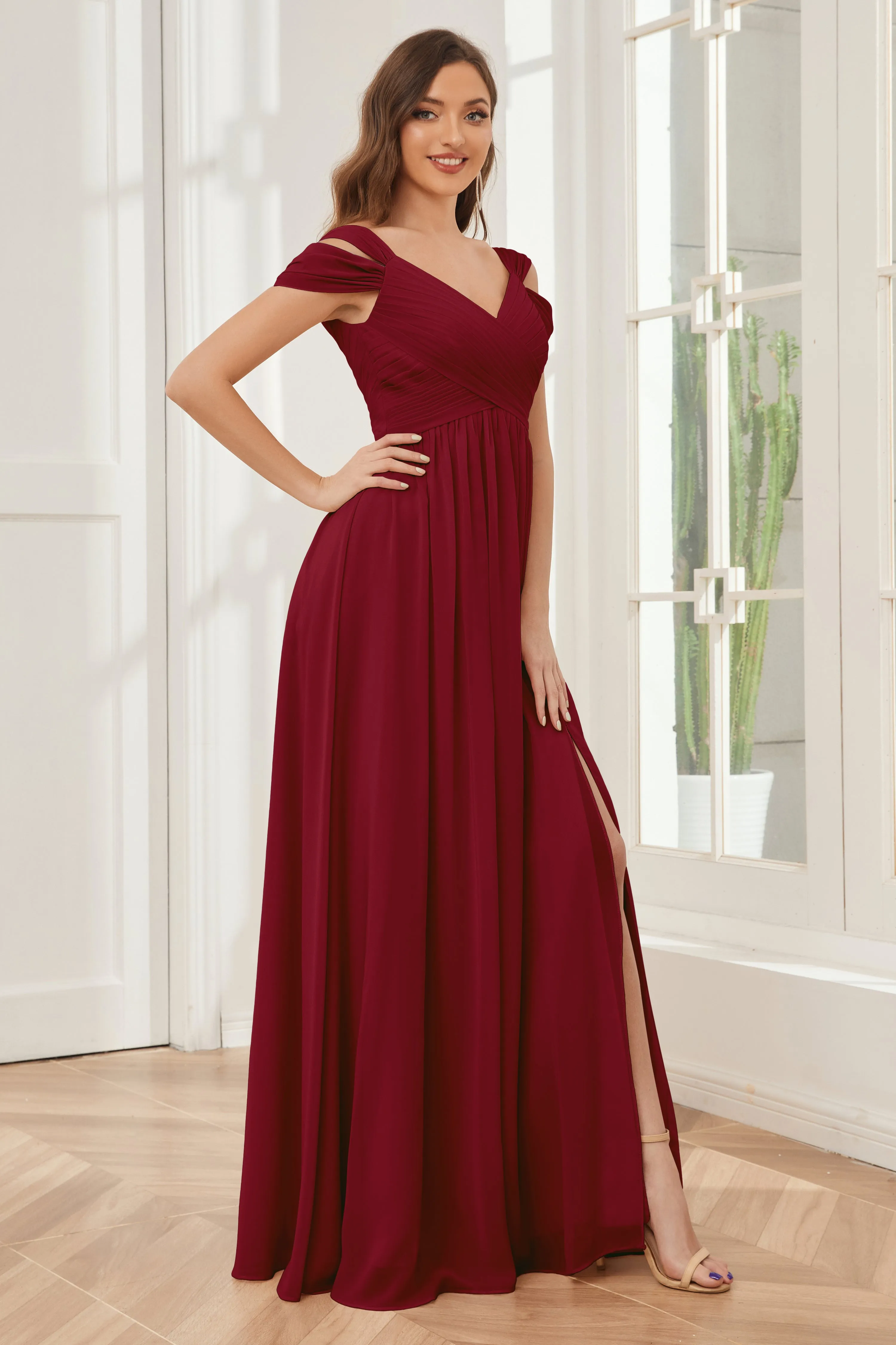 Off-the-Shoulder Side Slit Empire Bridesmaid Dresses