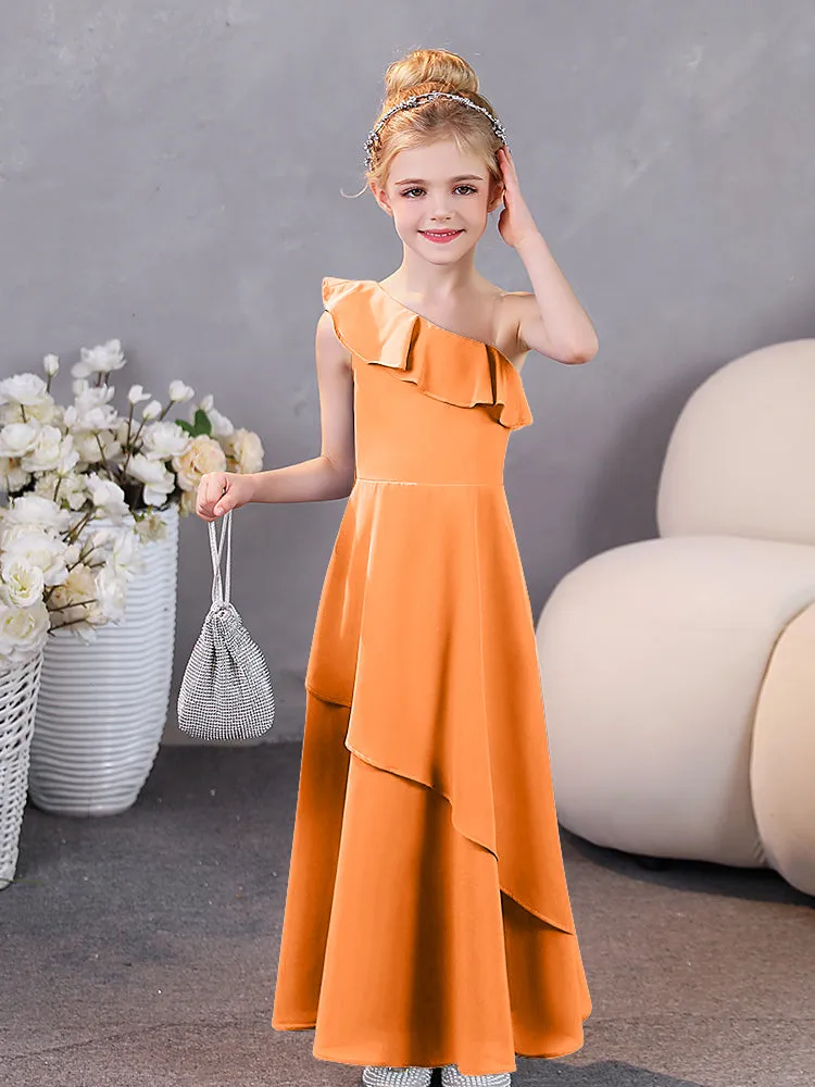 One Shoulder Ruffles Chiffon Junior Bridesmaid Dresses