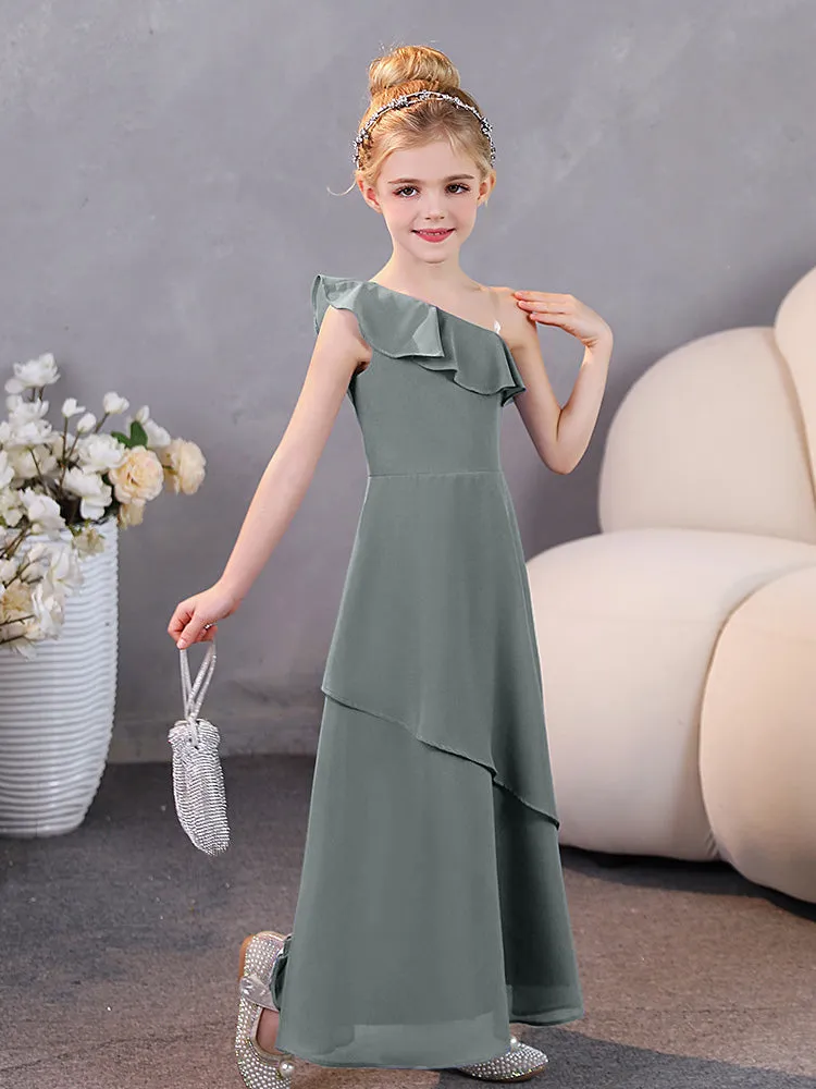 One Shoulder Ruffles Chiffon Junior Bridesmaid Dresses