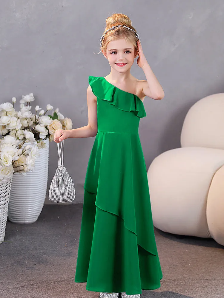 One Shoulder Ruffles Chiffon Junior Bridesmaid Dresses