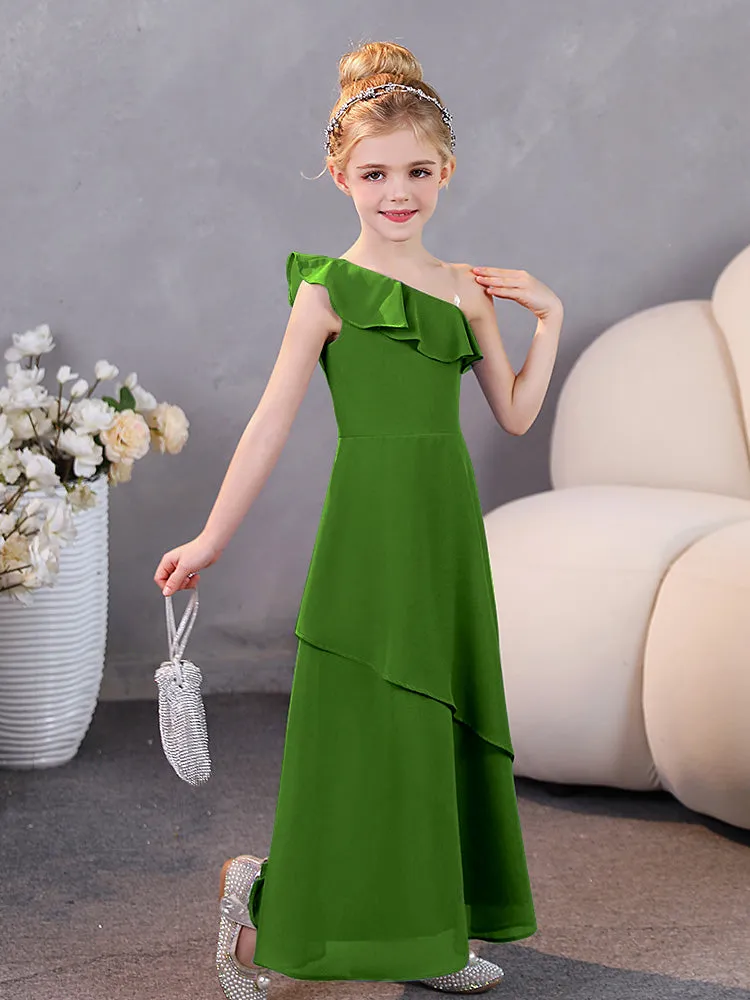 One Shoulder Ruffles Chiffon Junior Bridesmaid Dresses