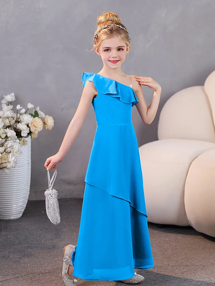 One Shoulder Ruffles Chiffon Junior Bridesmaid Dresses