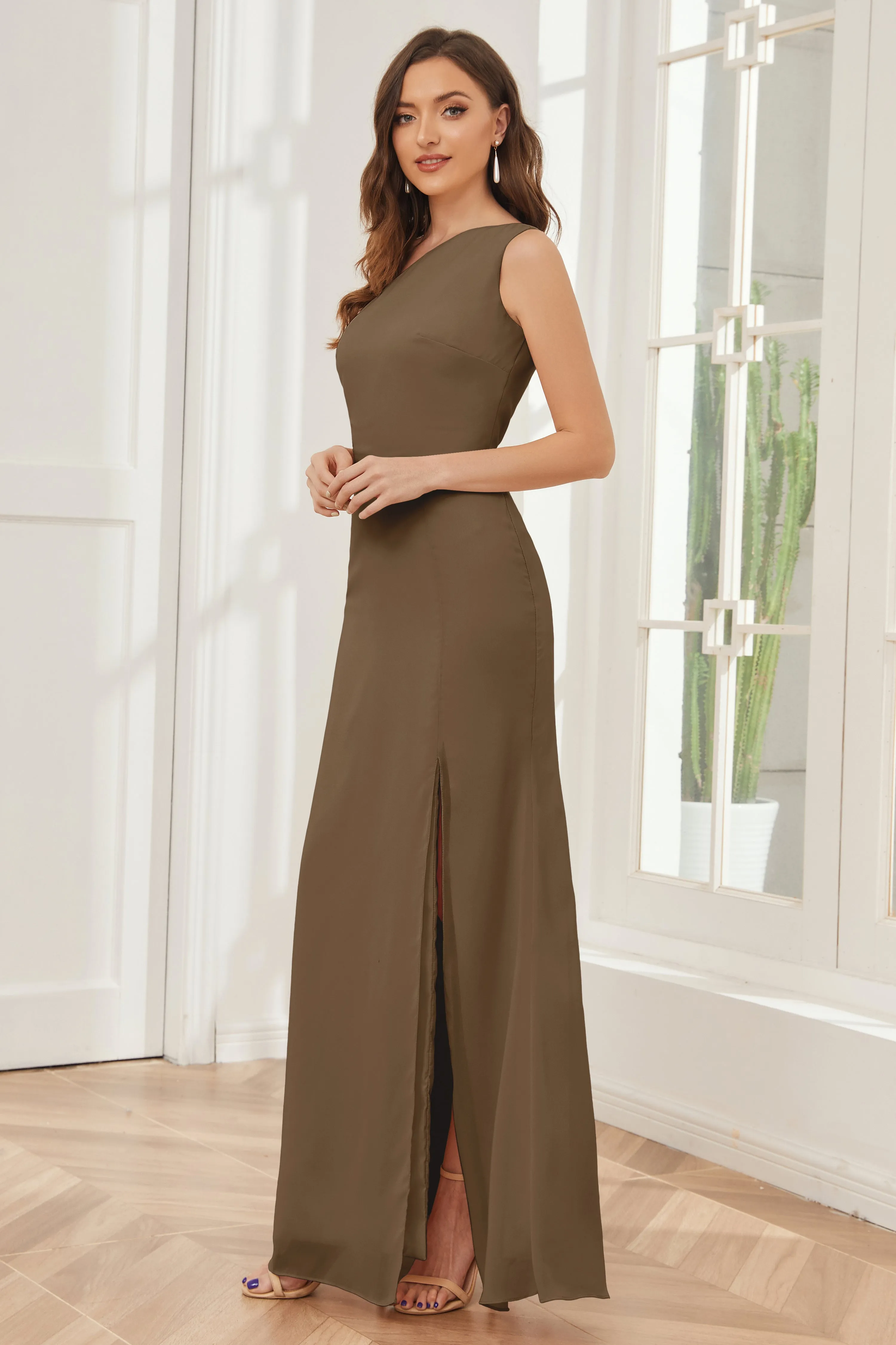 One Shoulder Sleeveless Slit Bridesmaid Dresses