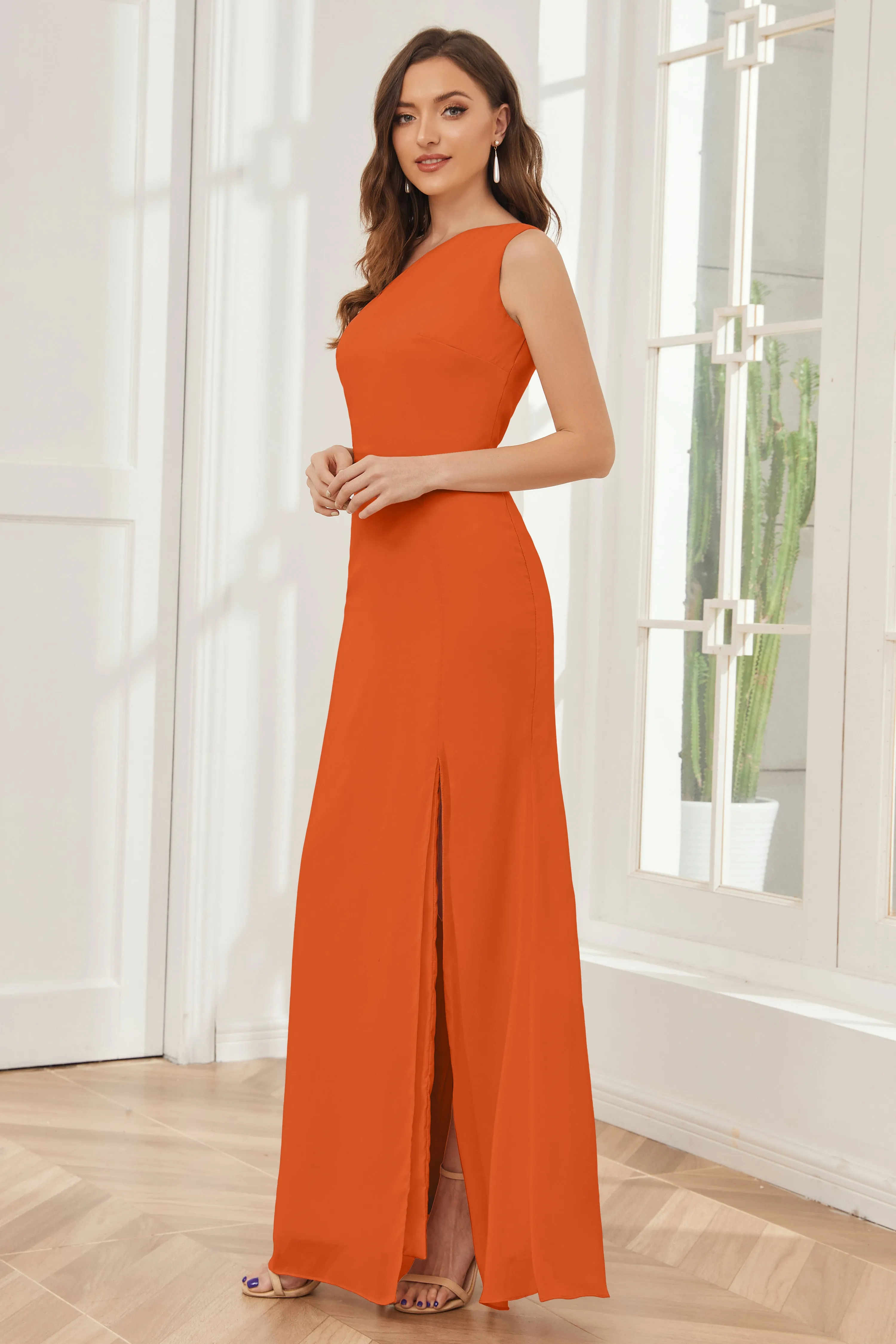 One Shoulder Sleeveless Slit Bridesmaid Dresses