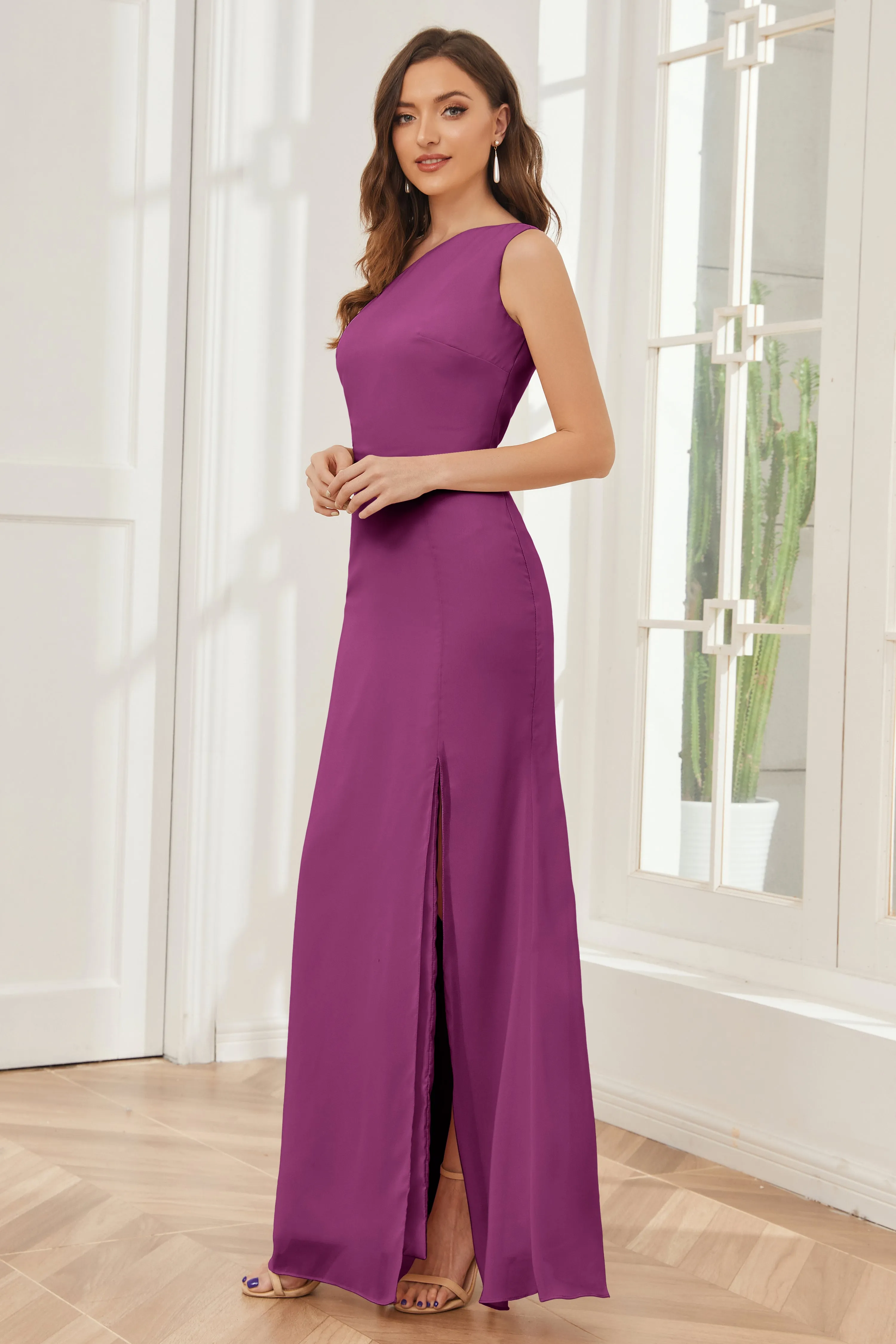 One Shoulder Sleeveless Slit Bridesmaid Dresses