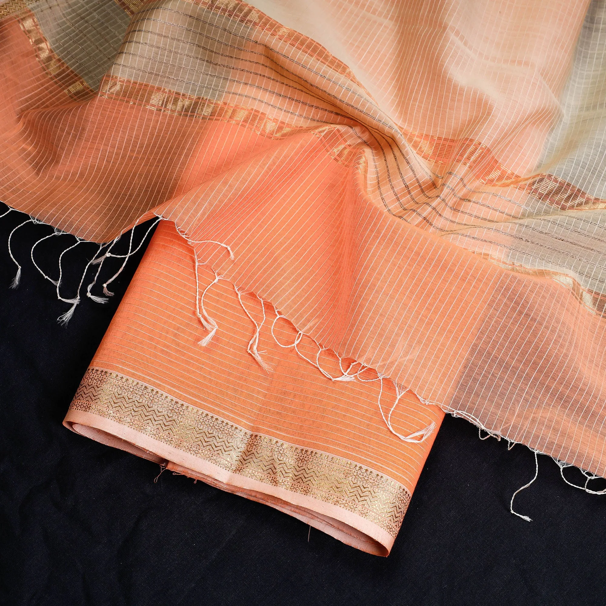 Orange - 2pc Maheshwari Silk Cotton Handloom Stripe Suit Material Set with Zari Border