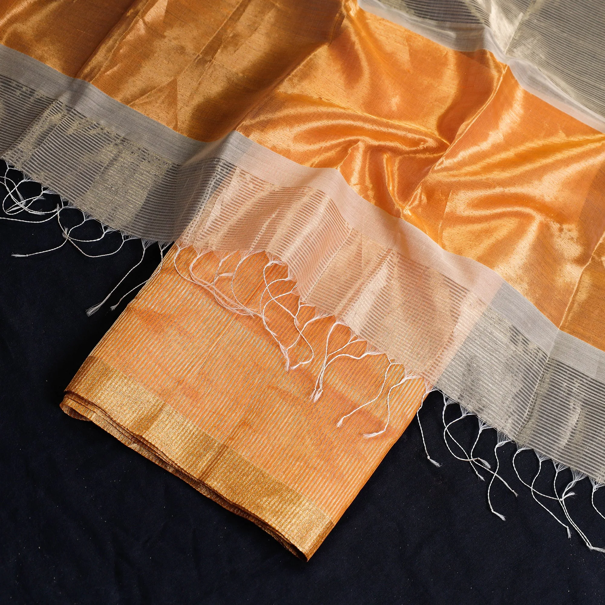 Orange - 2pc Maheshwari Silk Cotton Handloom Tissue Zari Stripe Suit Material Set