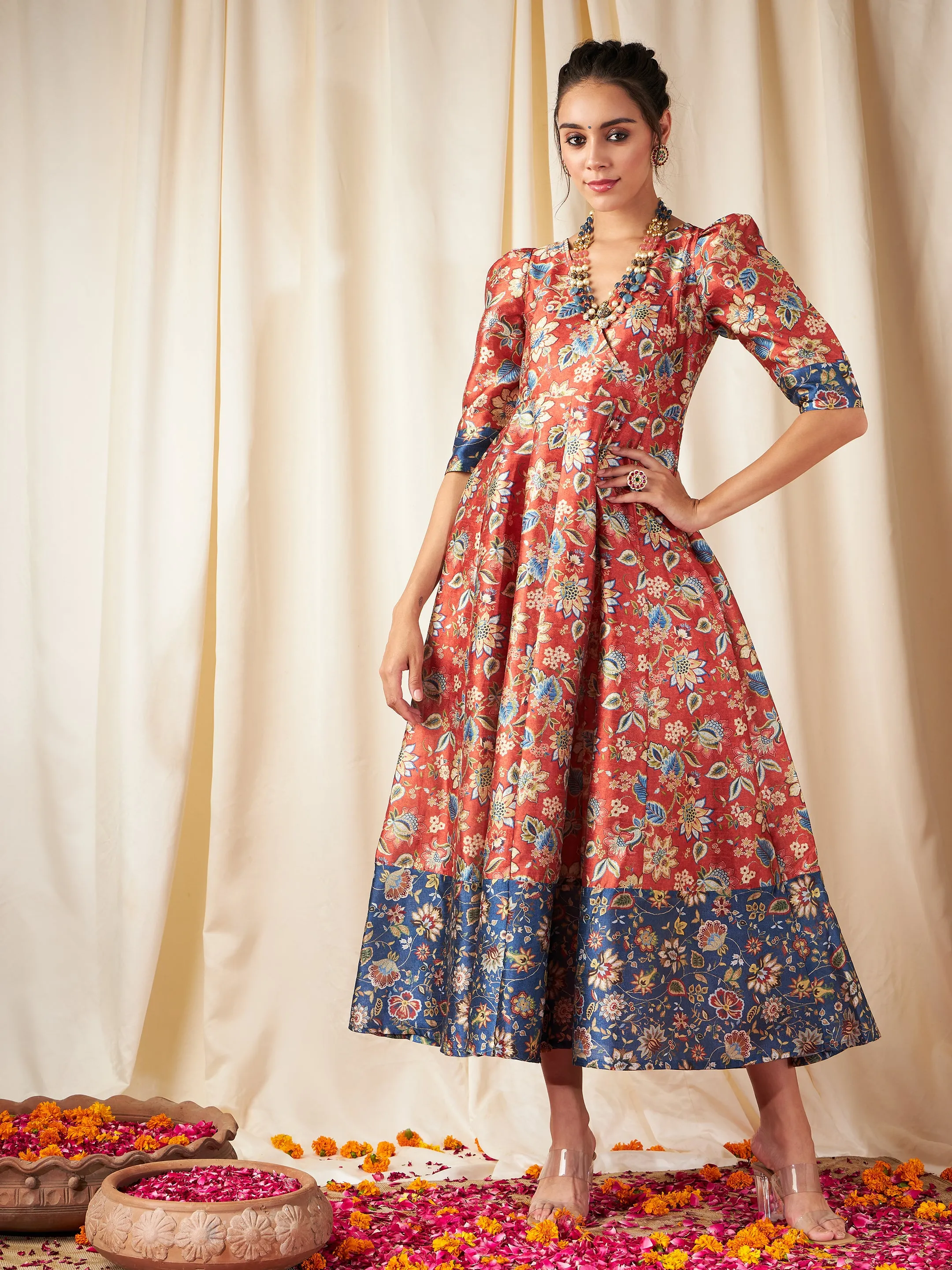 Orange Floral Wrap Anarkali Maxi Dress