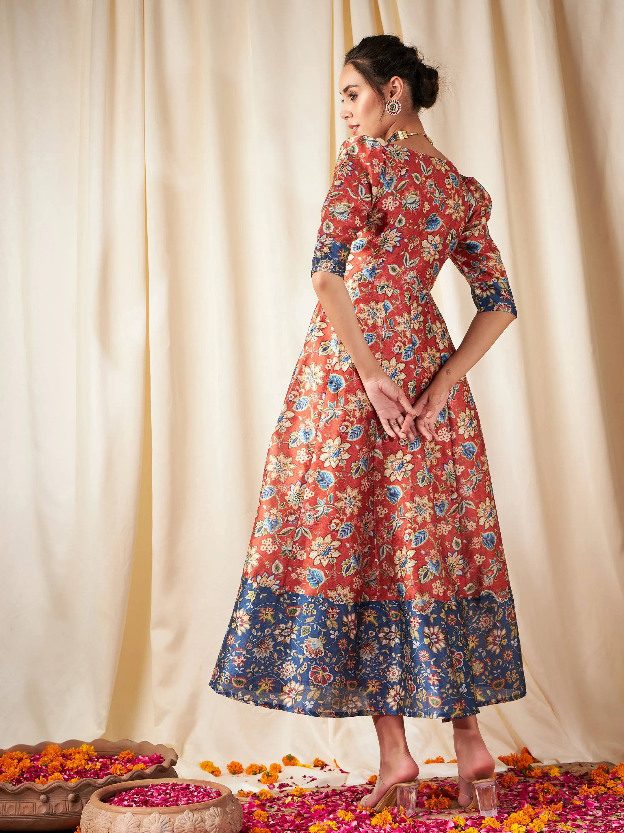 Orange Floral Wrap Anarkali Maxi Dress