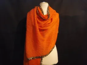 Orange Pleated Chiffon With Leopard Trim - Wrap/Sarong