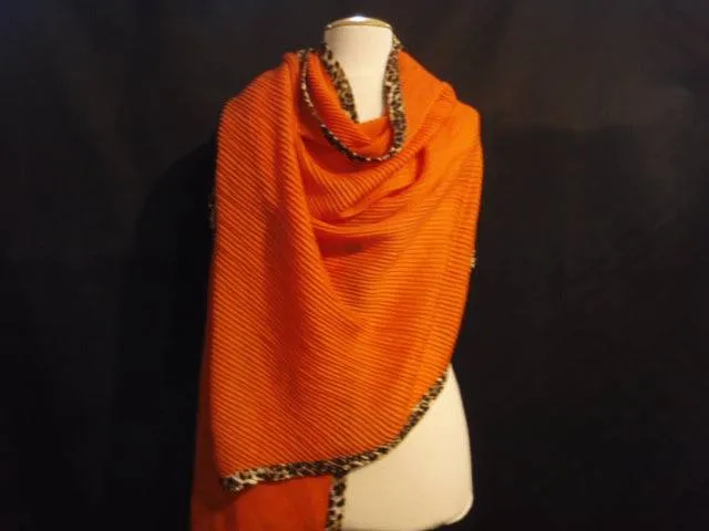 Orange Pleated Chiffon With Leopard Trim - Wrap/Sarong