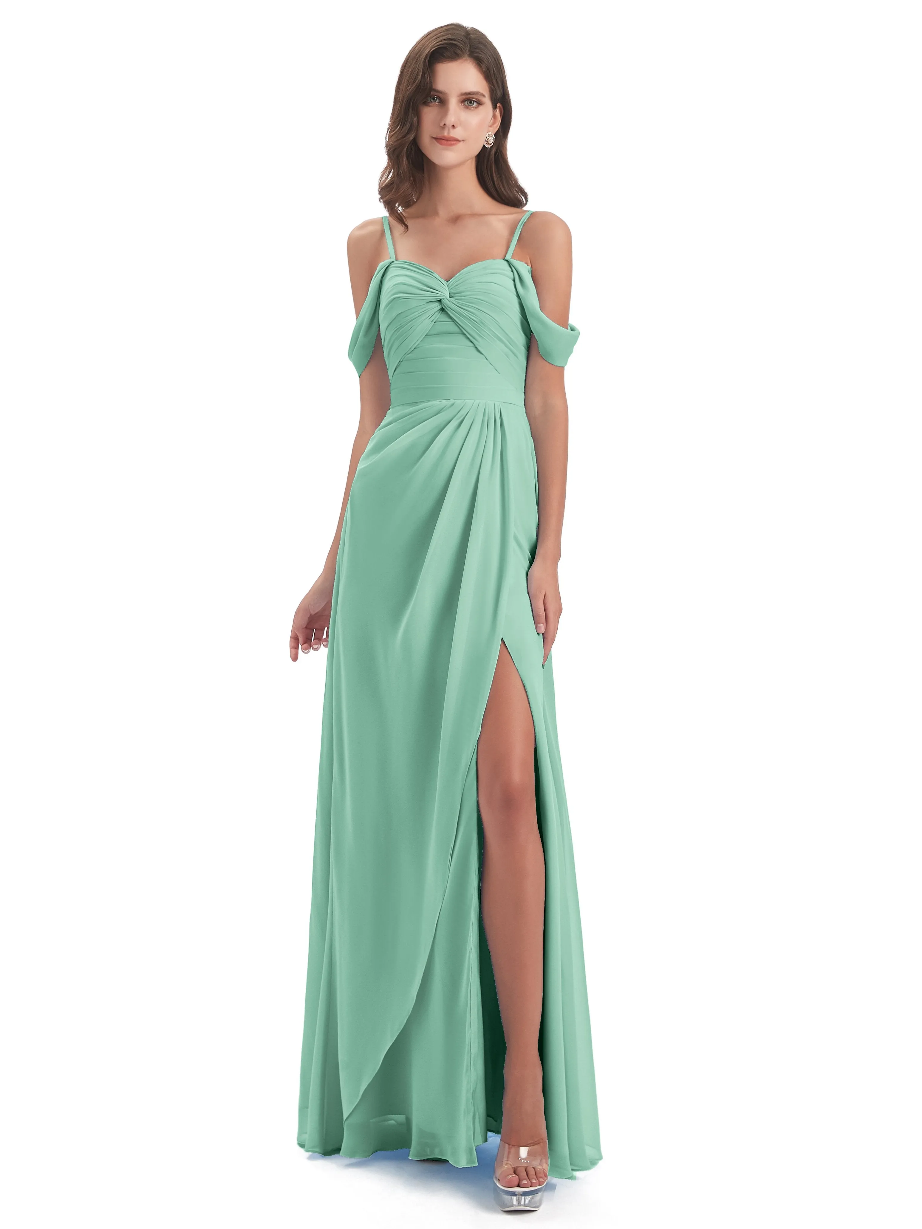 Orla Chiffon Elegant Spaghetti Straps Split Long Bridesmaid Dresses