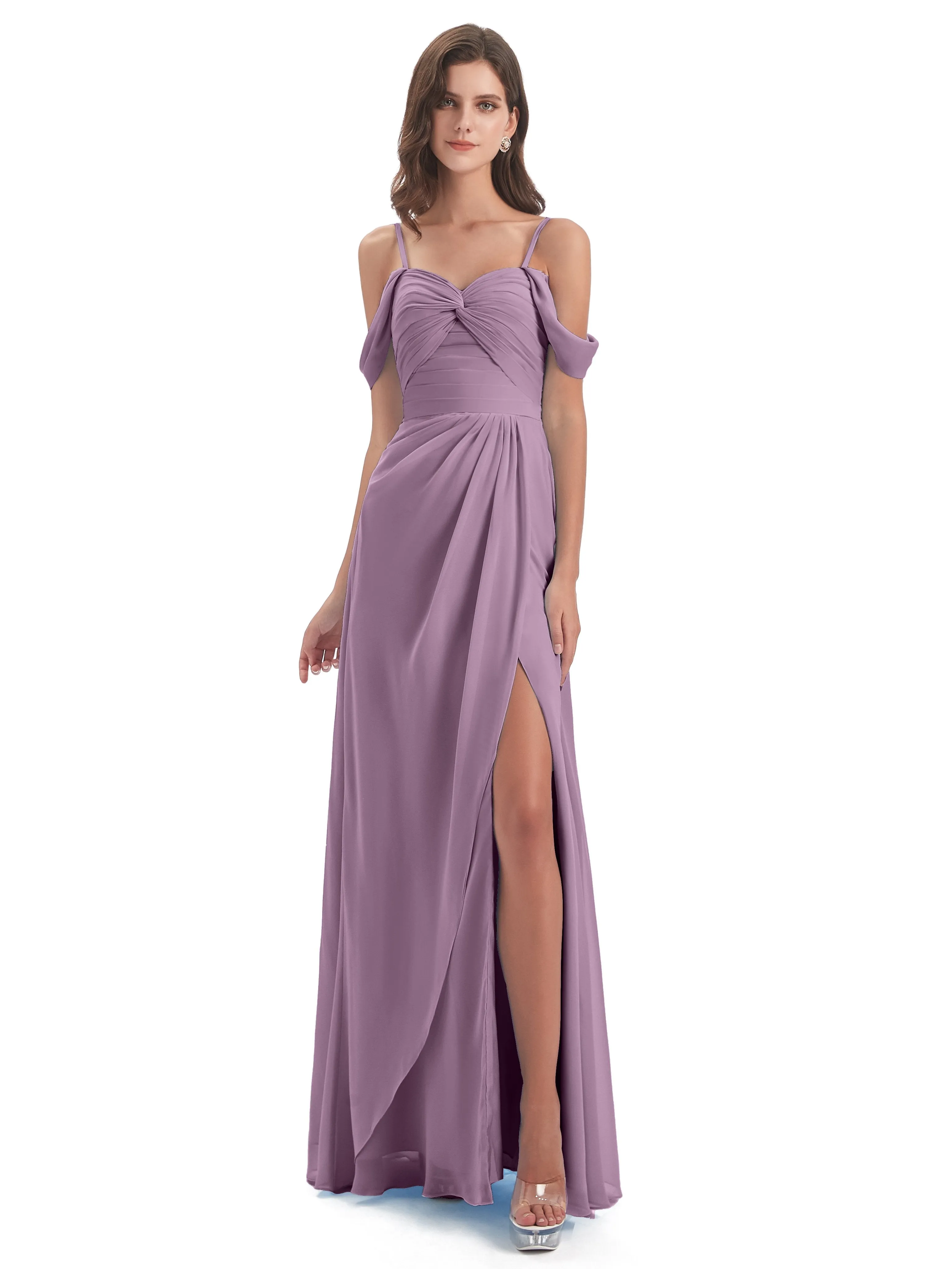 Orla Chiffon Elegant Spaghetti Straps Split Long Bridesmaid Dresses