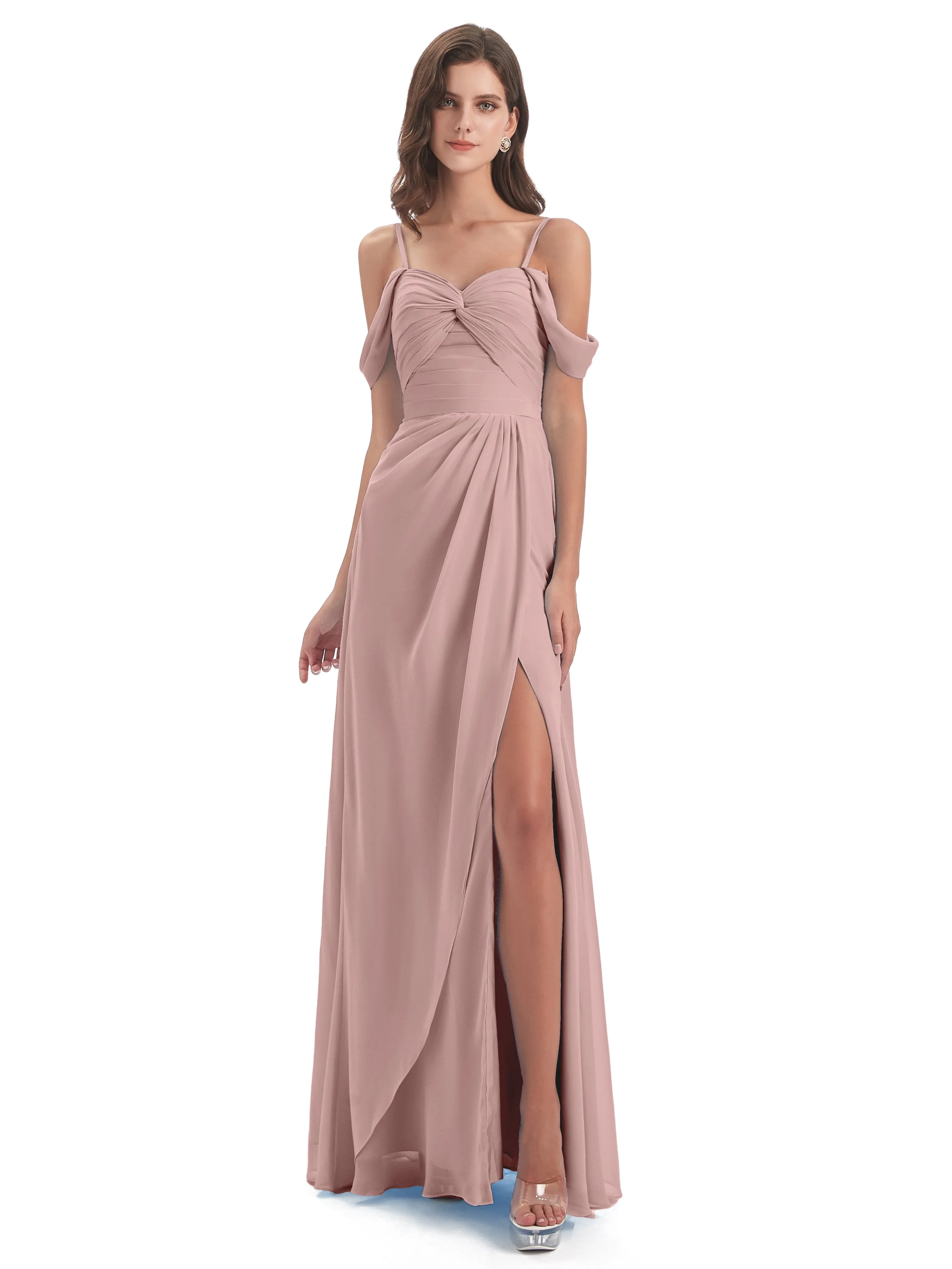 Orla Chiffon Elegant Spaghetti Straps Split Long Bridesmaid Dresses