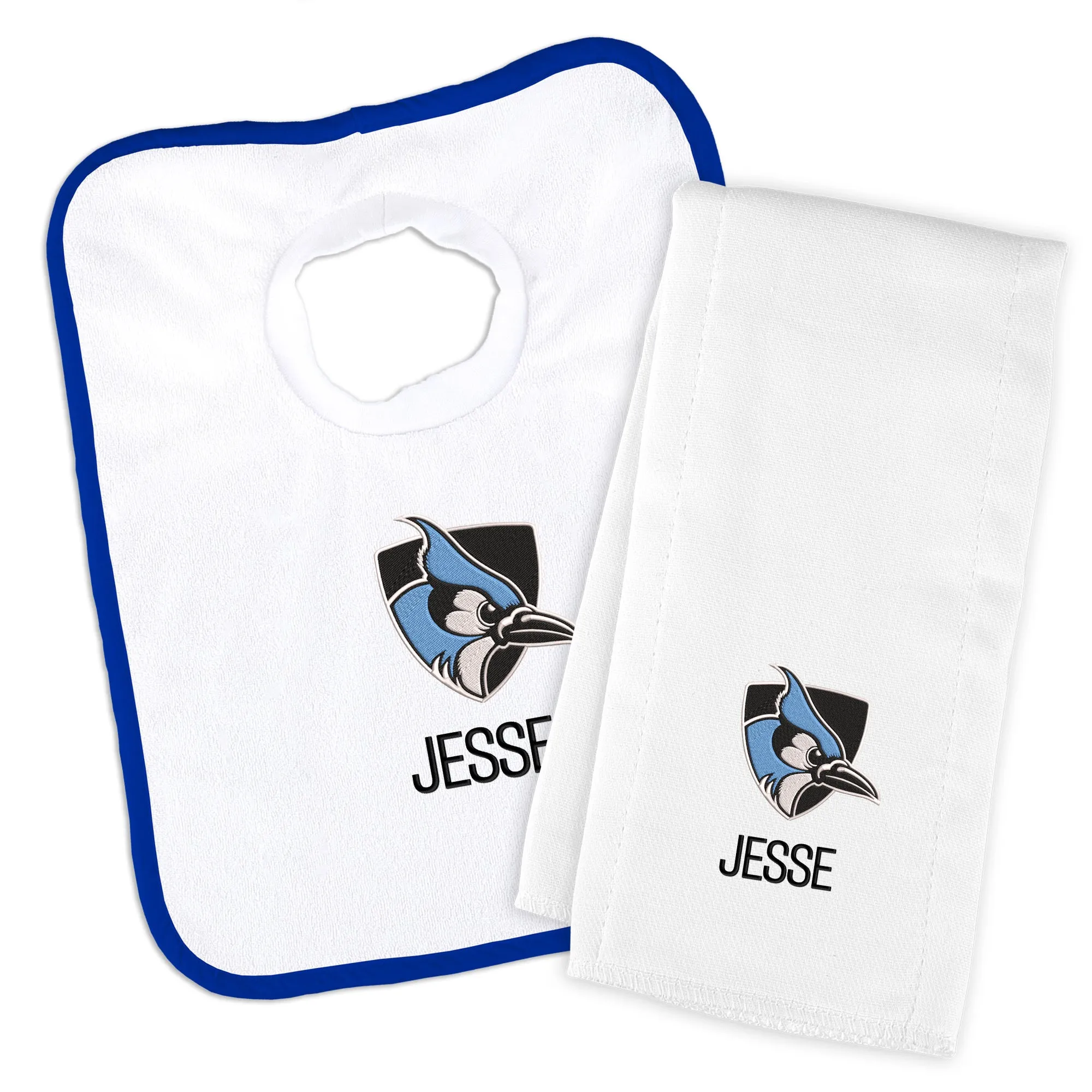 Personalized Johns Hopkins Blue Jays Bib and Burp Cloth Set