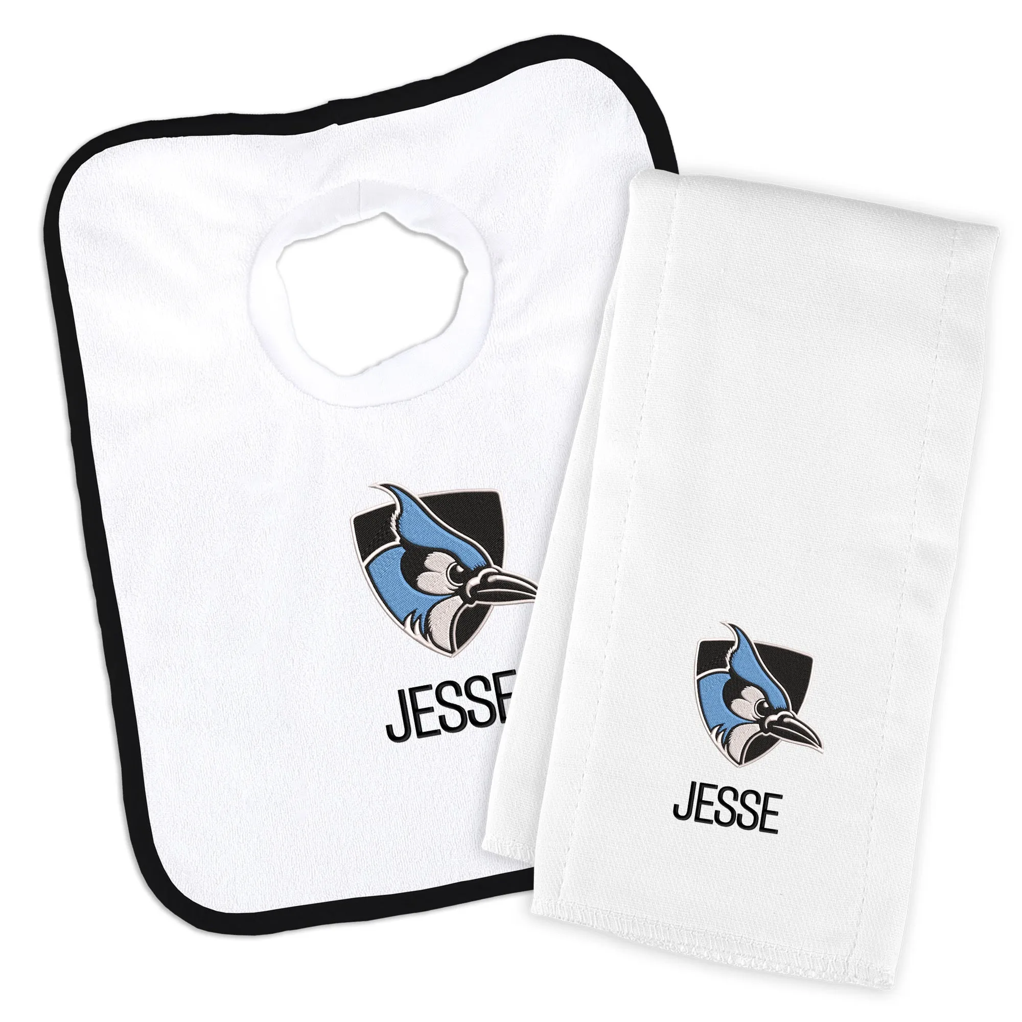 Personalized Johns Hopkins Blue Jays Bib and Burp Cloth Set