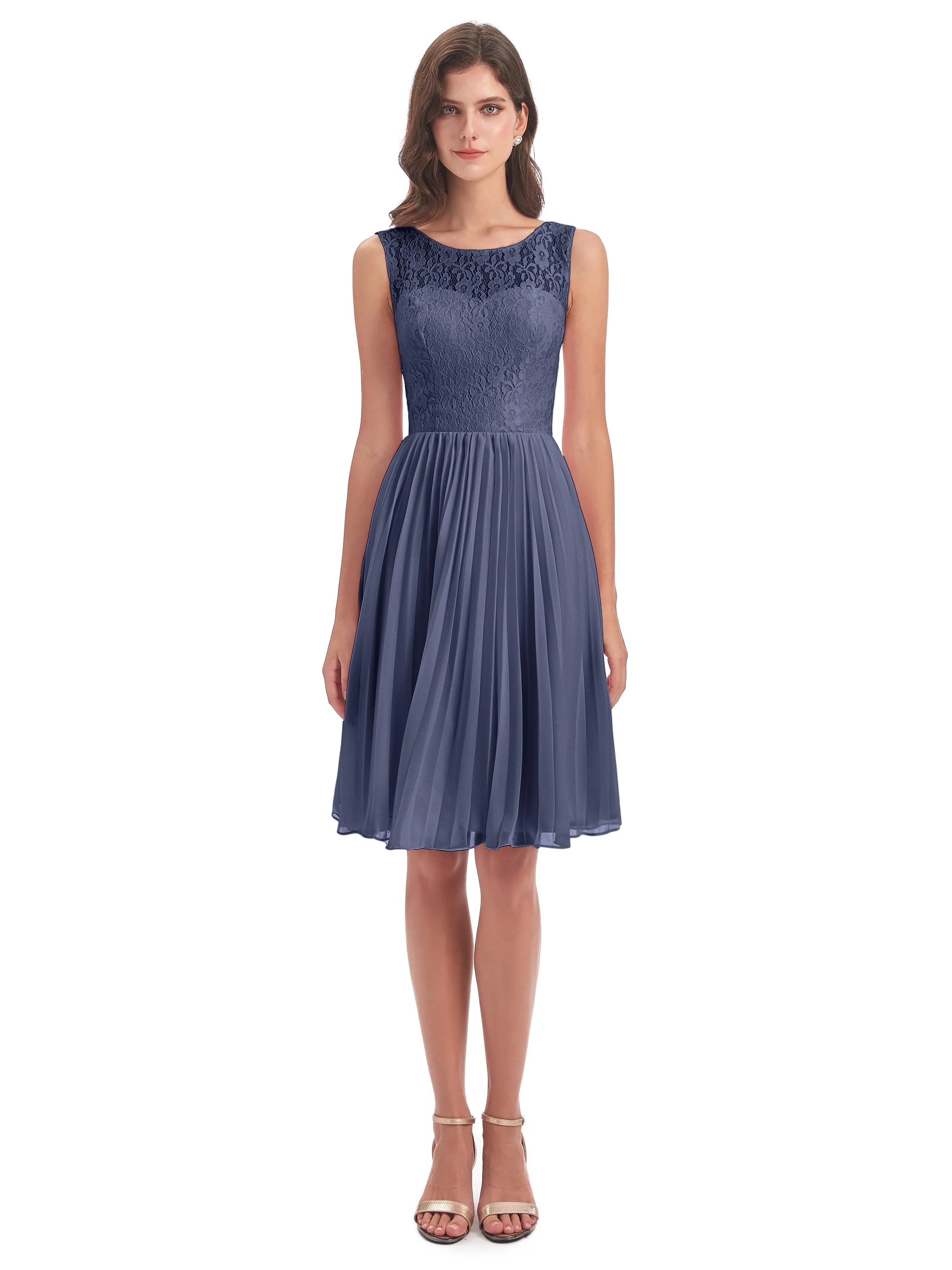 Phoebe Fitted Chiffon/Lace A-line Bateau Short Bridesmaid Dresses