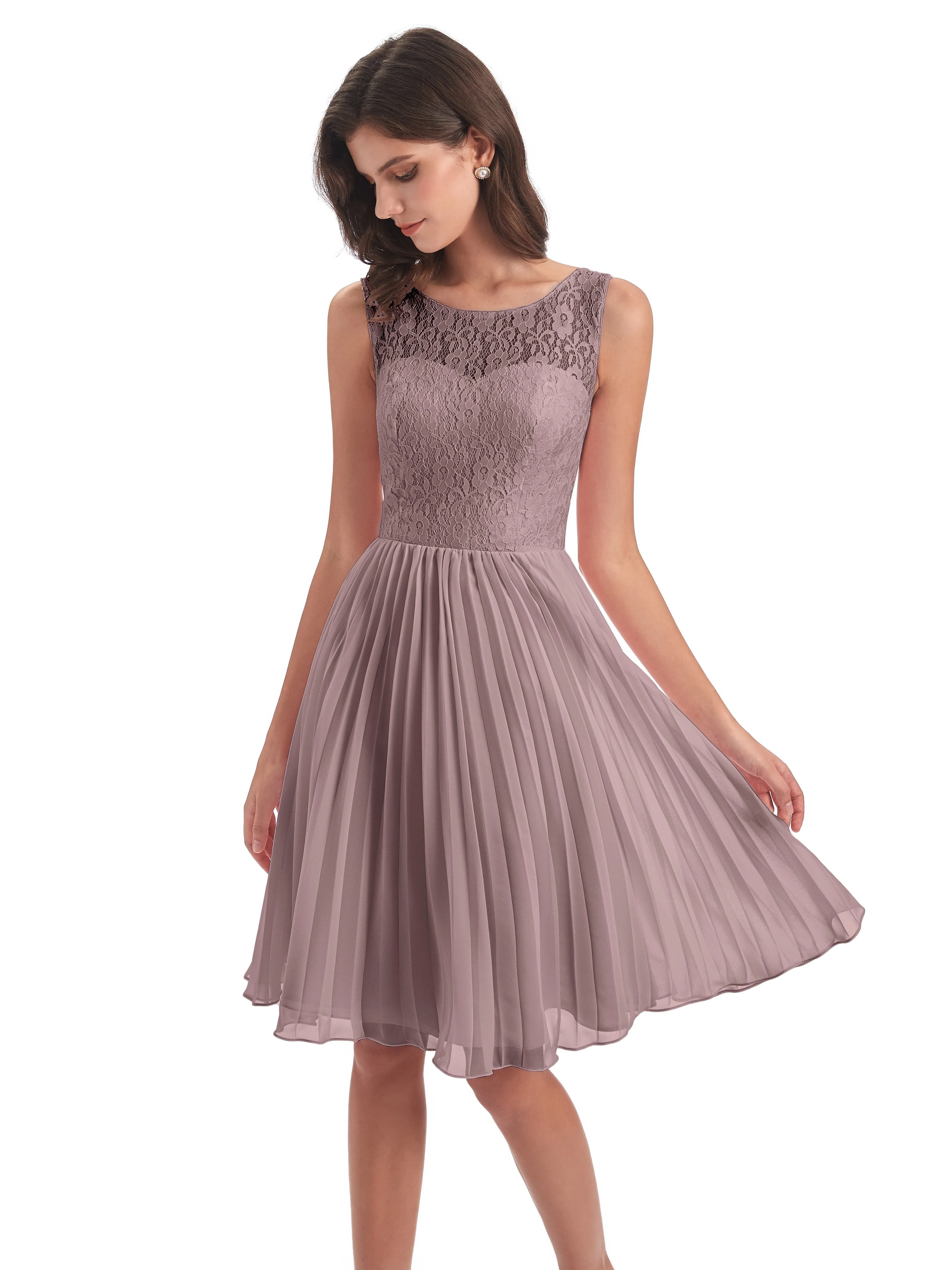 Phoebe Fitted Chiffon/Lace A-line Bateau Short Bridesmaid Dresses