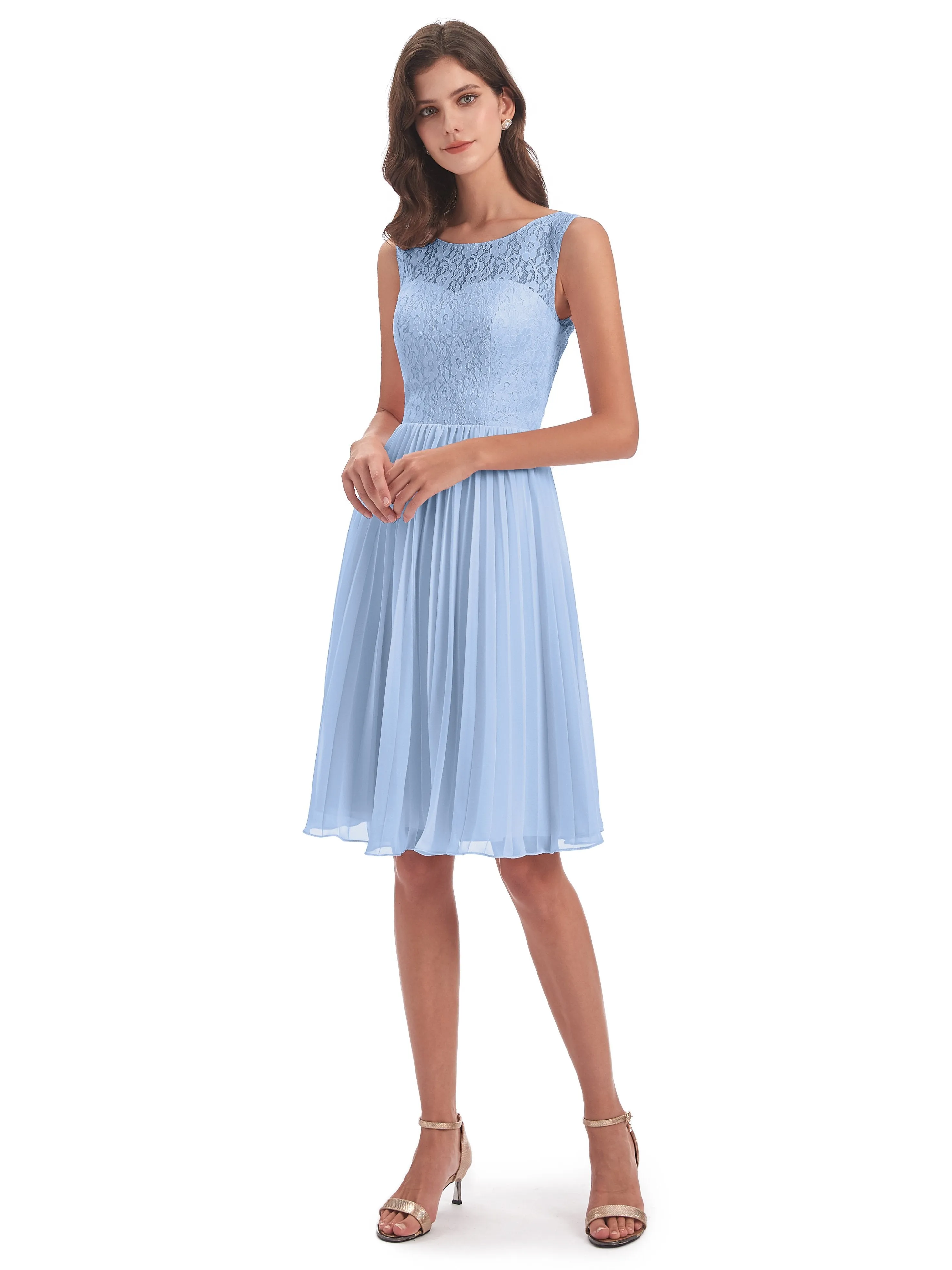 Phoebe Fitted Chiffon/Lace A-line Bateau Short Bridesmaid Dresses