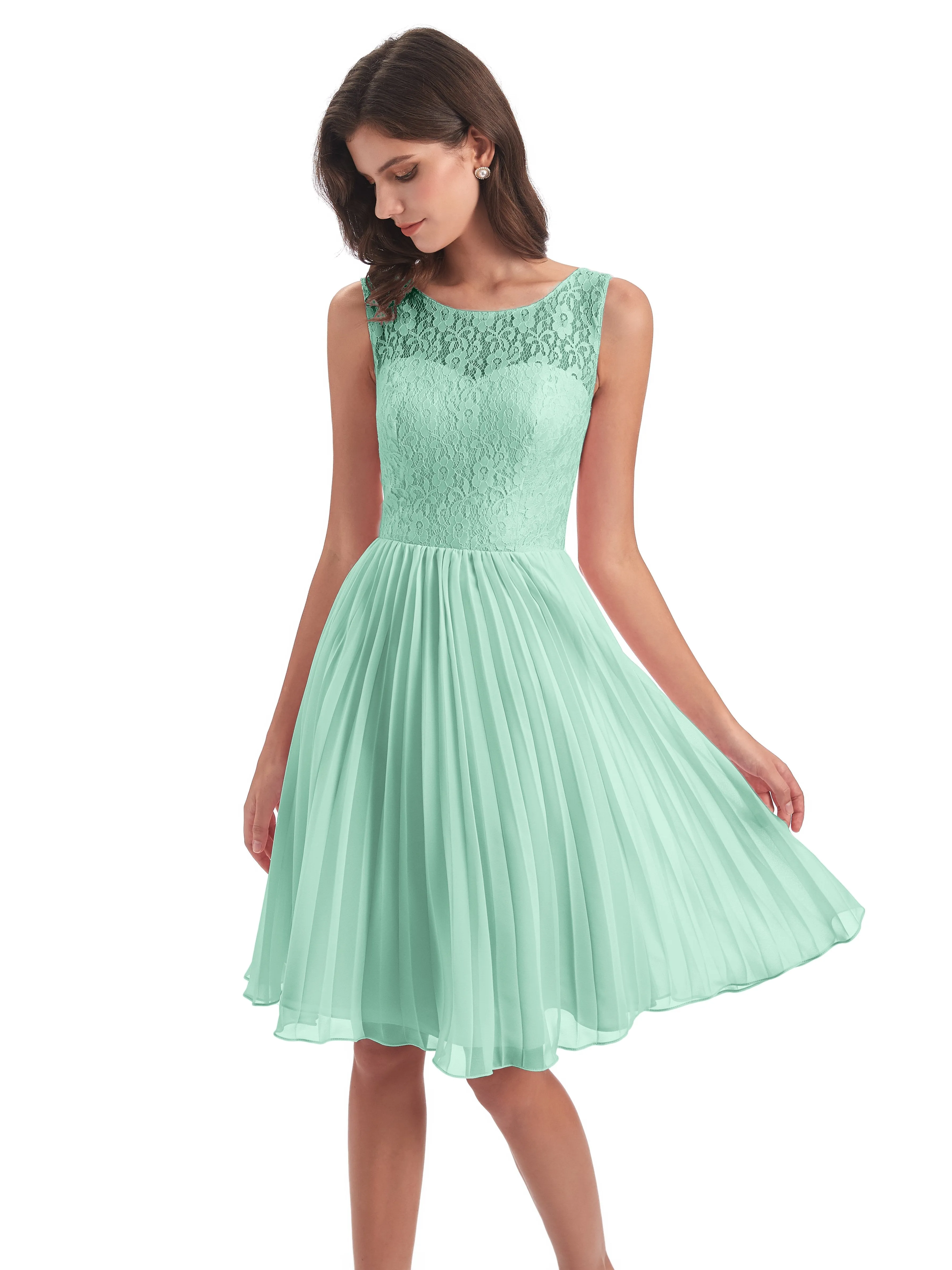 Phoebe Fitted Chiffon/Lace A-line Bateau Short Bridesmaid Dresses