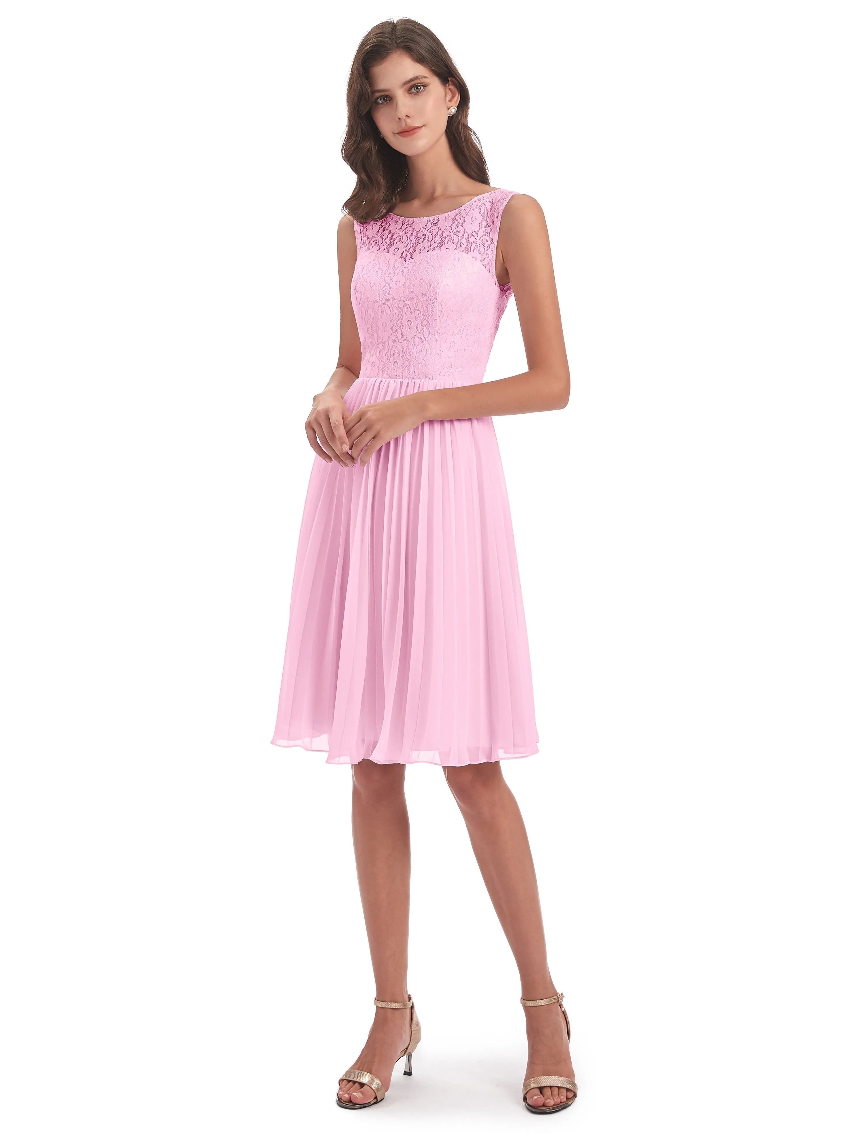 Phoebe Fitted Chiffon/Lace A-line Bateau Short Bridesmaid Dresses