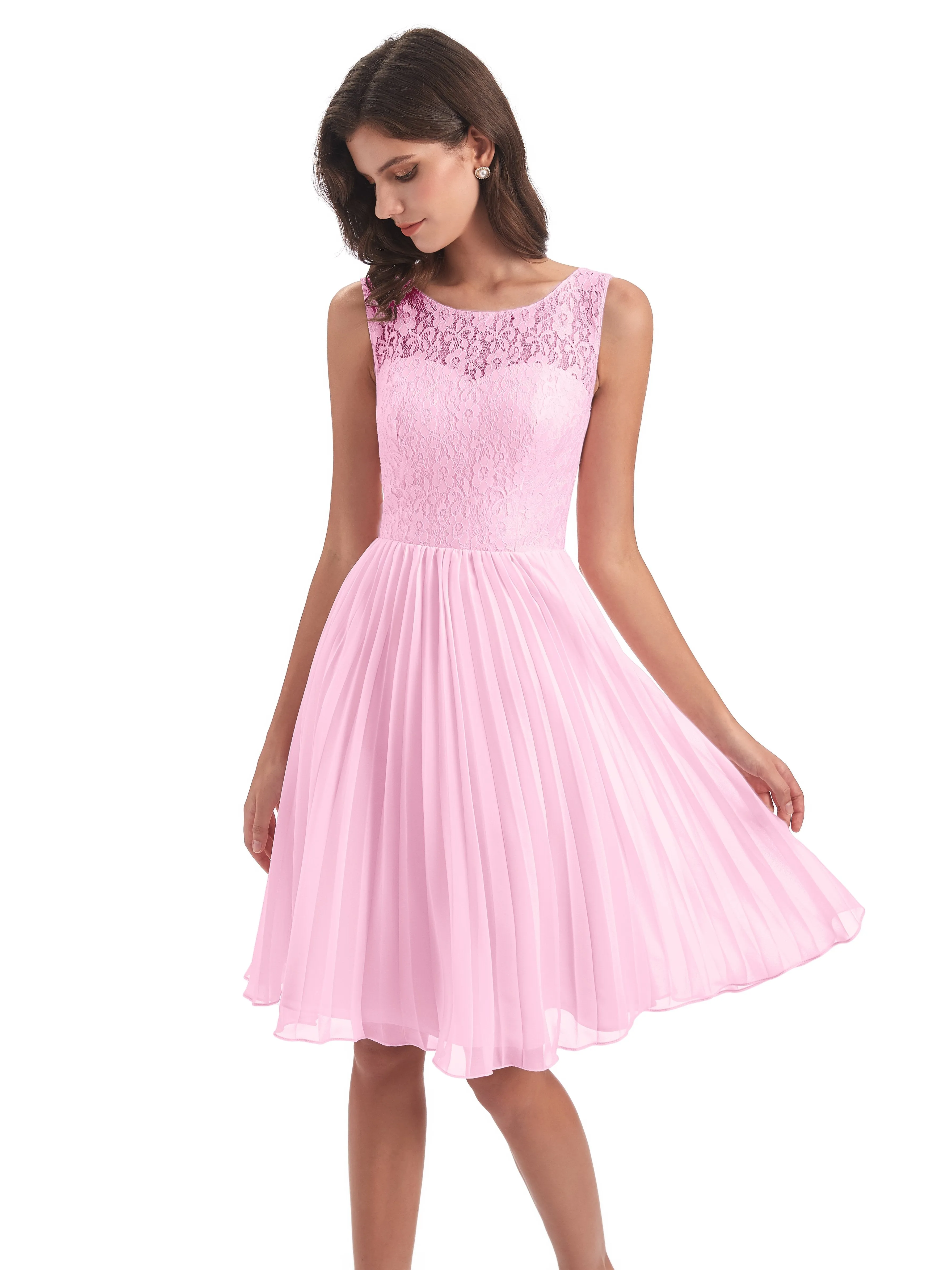 Phoebe Fitted Chiffon/Lace A-line Bateau Short Bridesmaid Dresses