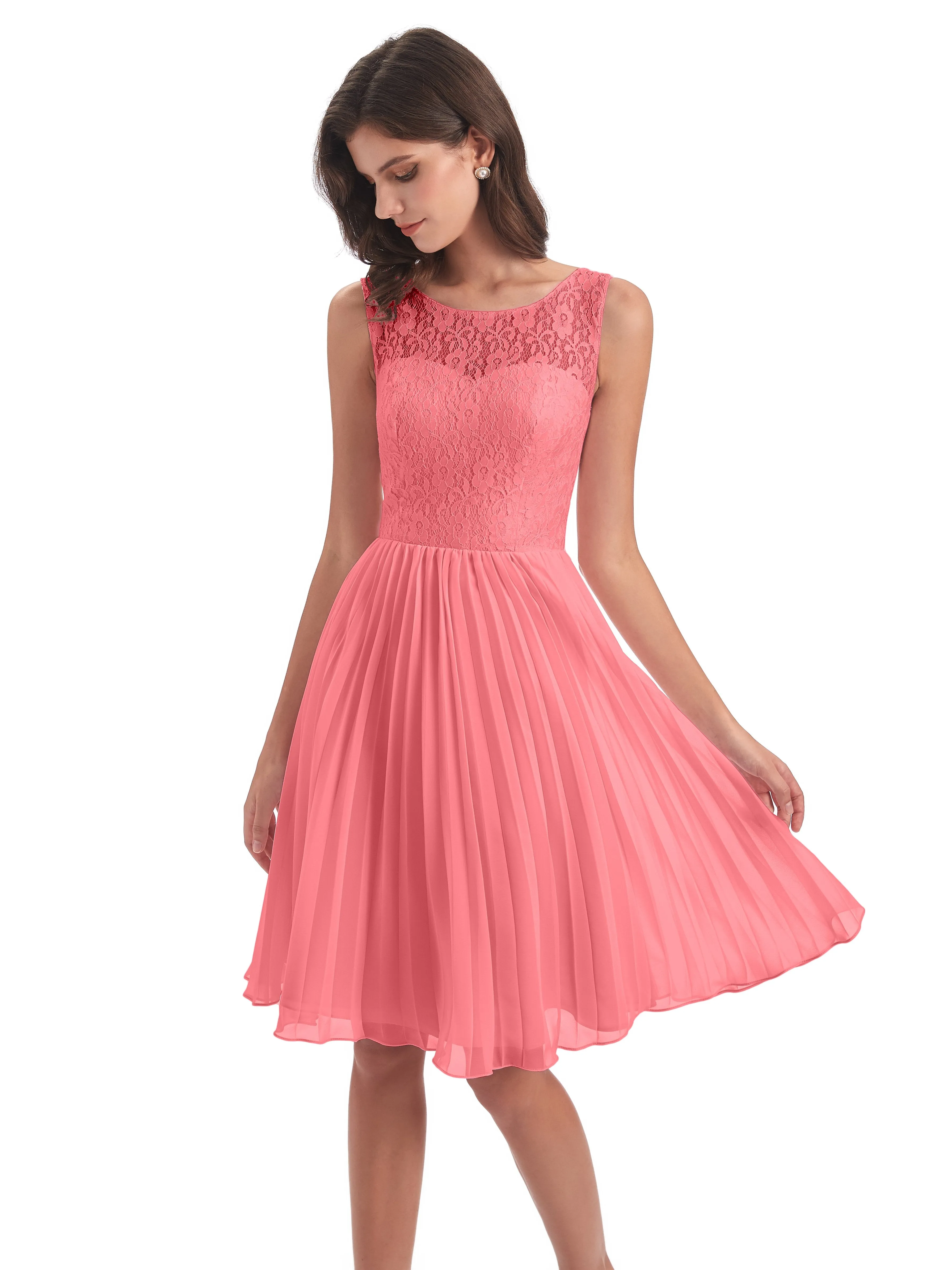 Phoebe Fitted Chiffon/Lace A-line Bateau Short Bridesmaid Dresses