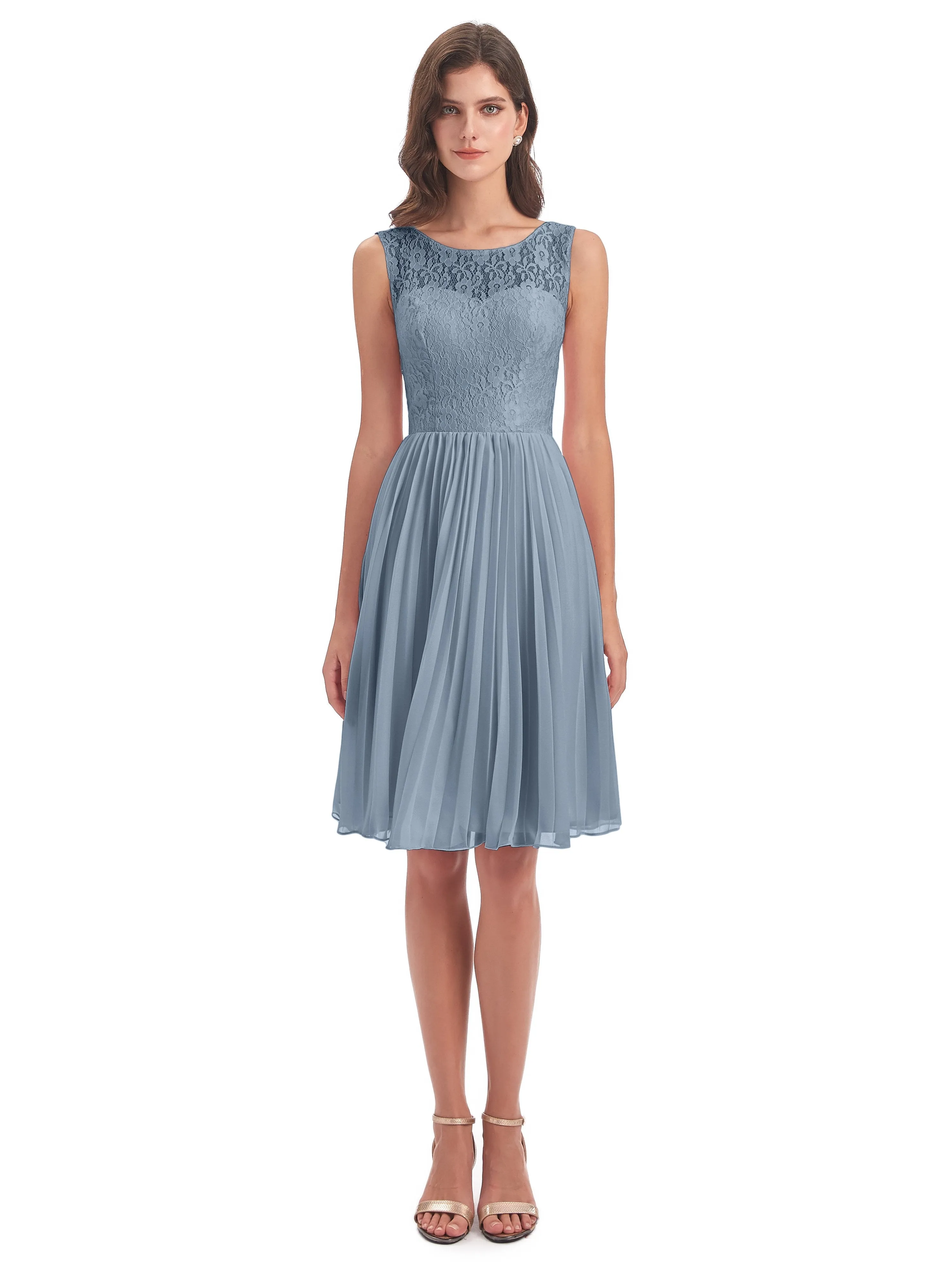 Phoebe Fitted Chiffon/Lace A-line Bateau Short Bridesmaid Dresses