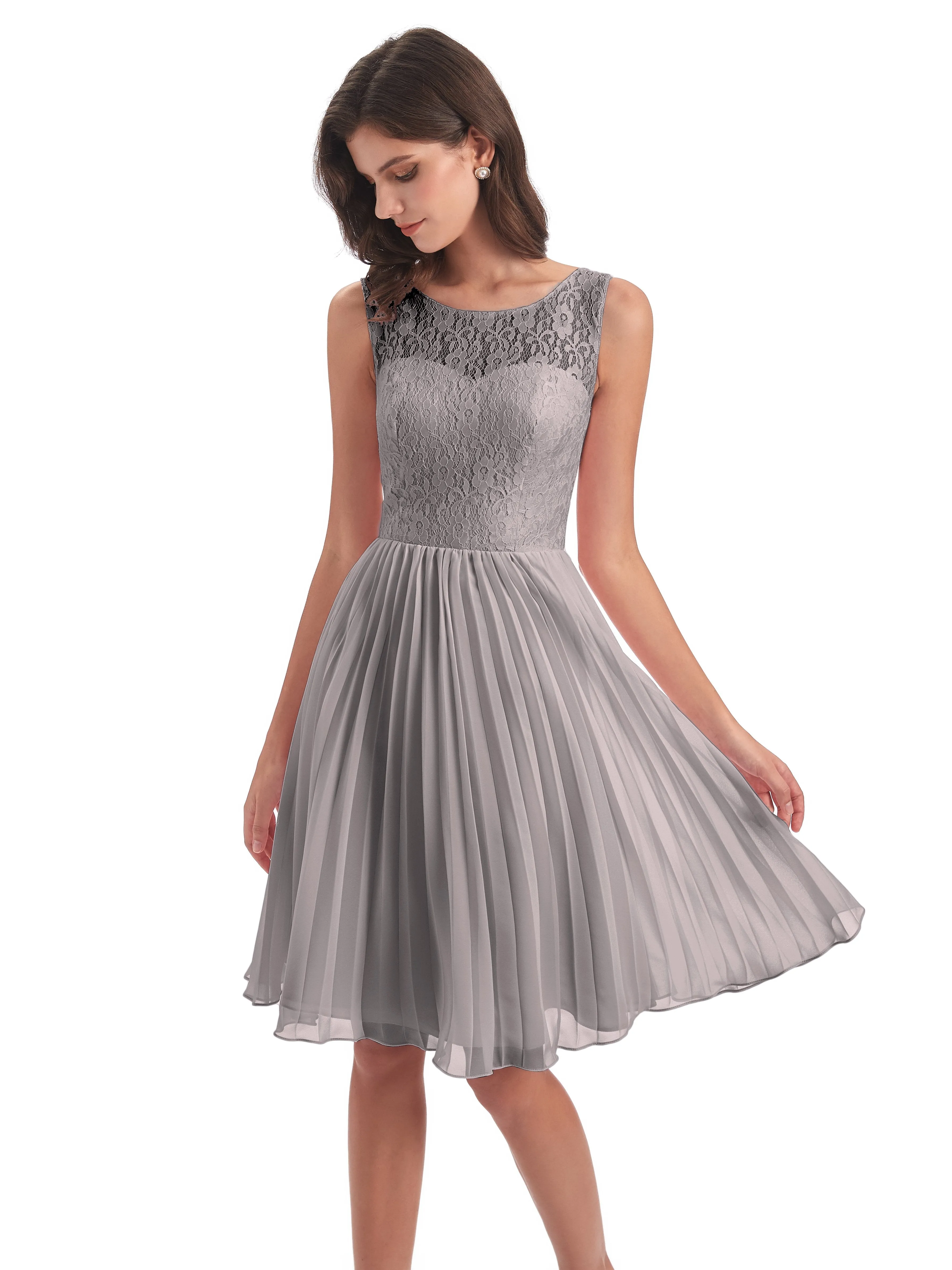 Phoebe Fitted Chiffon/Lace A-line Bateau Short Bridesmaid Dresses