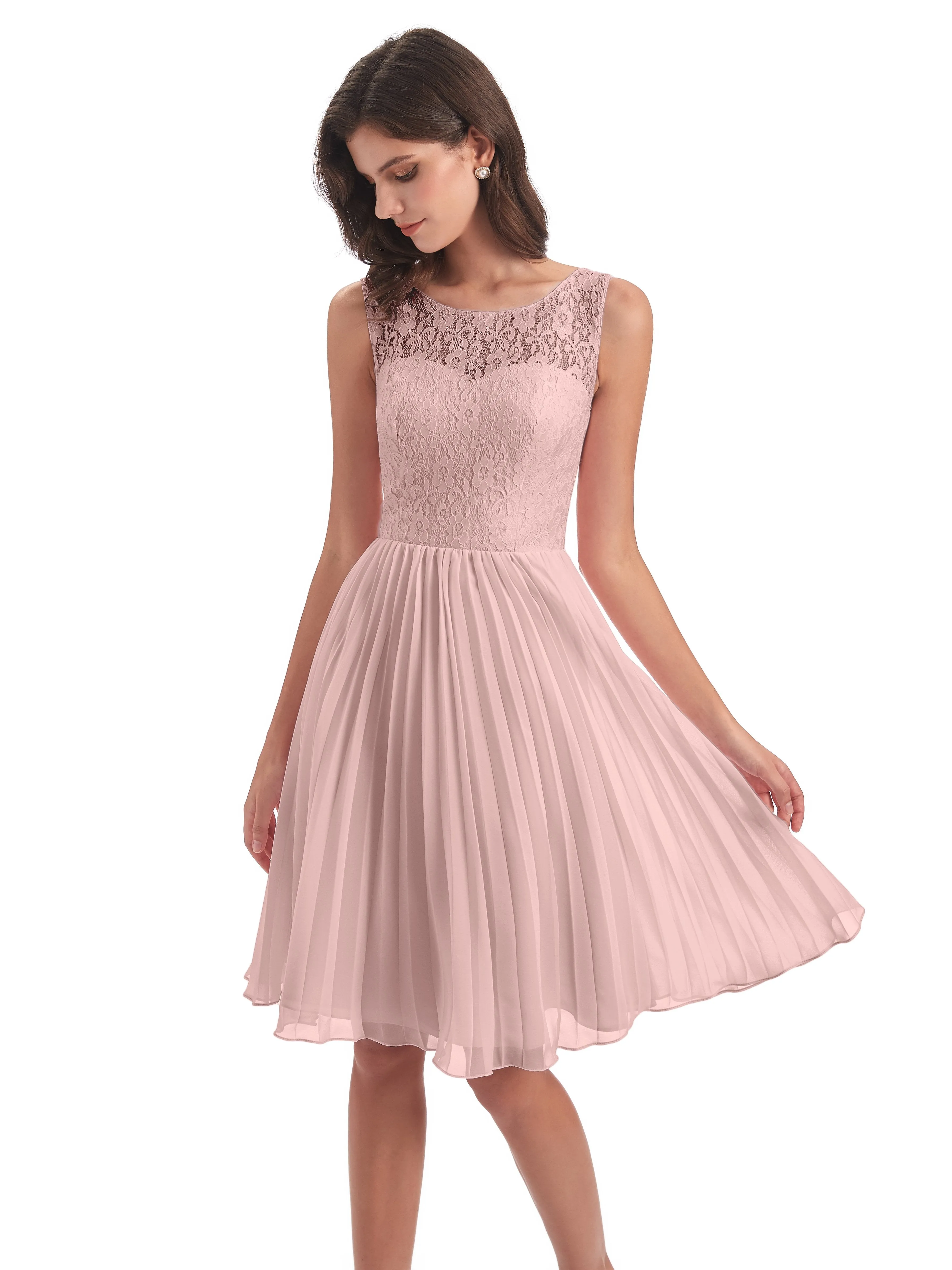 Phoebe Fitted Chiffon/Lace A-line Bateau Short Bridesmaid Dresses