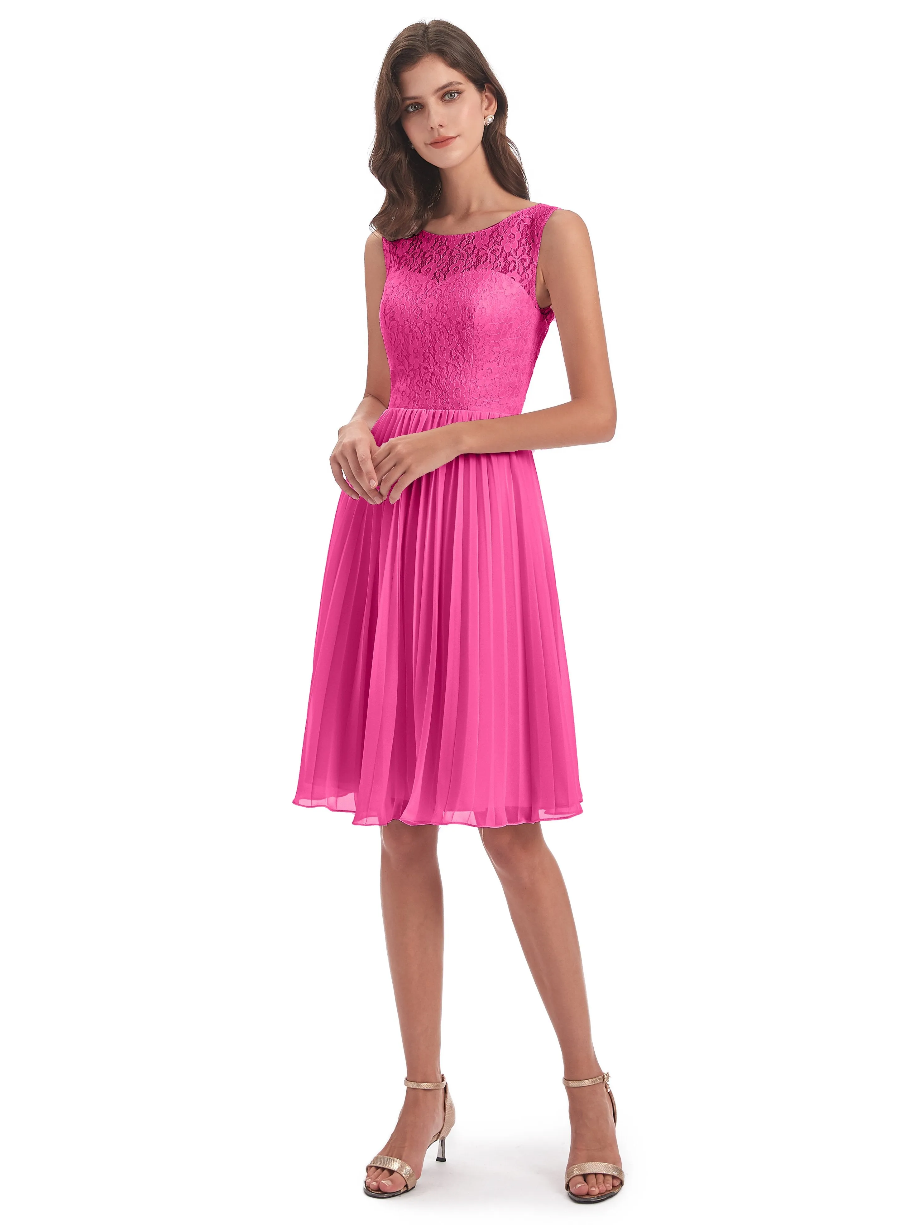 Phoebe Fitted Chiffon/Lace A-line Bateau Short Bridesmaid Dresses