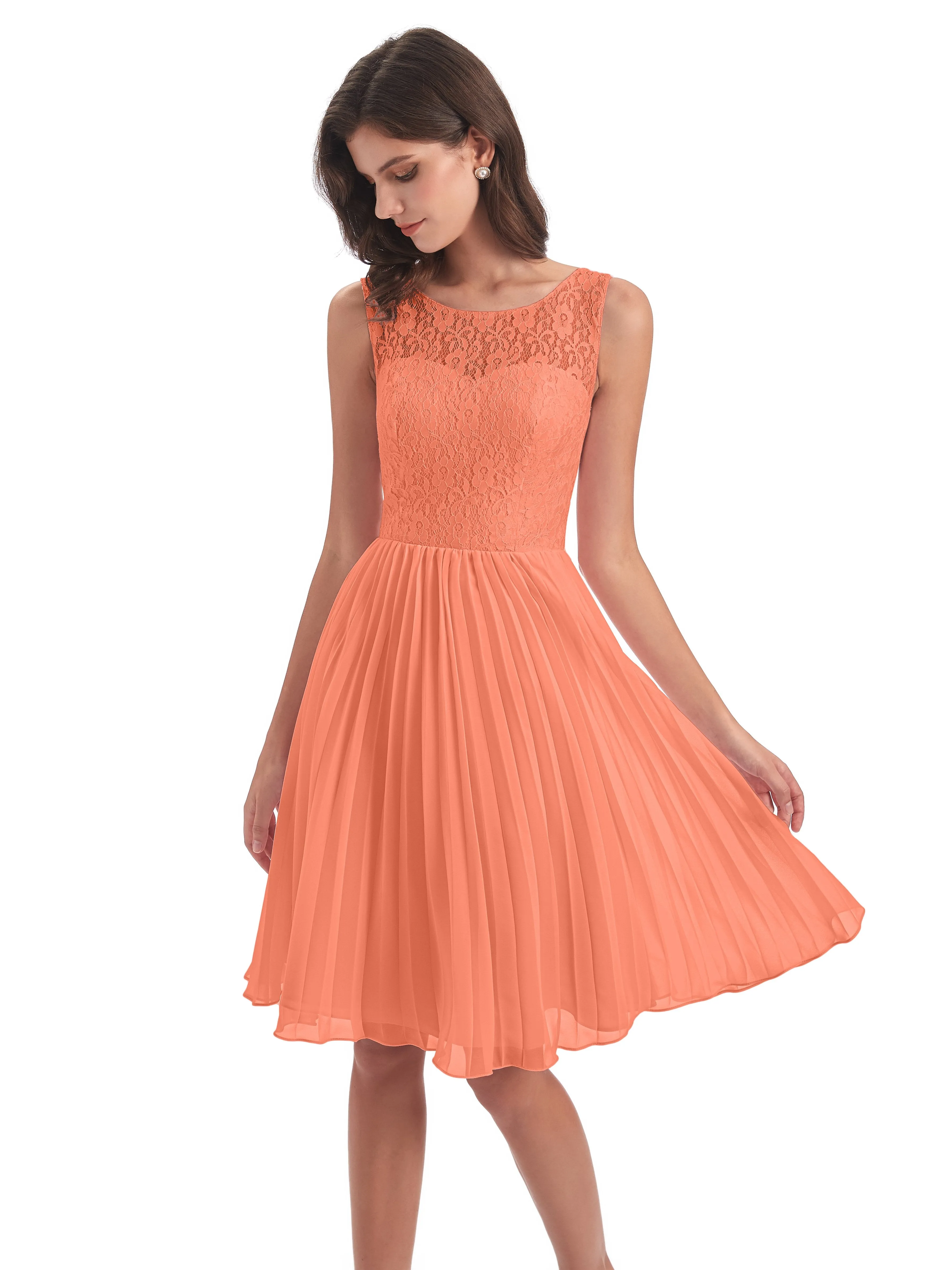 Phoebe Fitted Chiffon/Lace A-line Bateau Short Bridesmaid Dresses