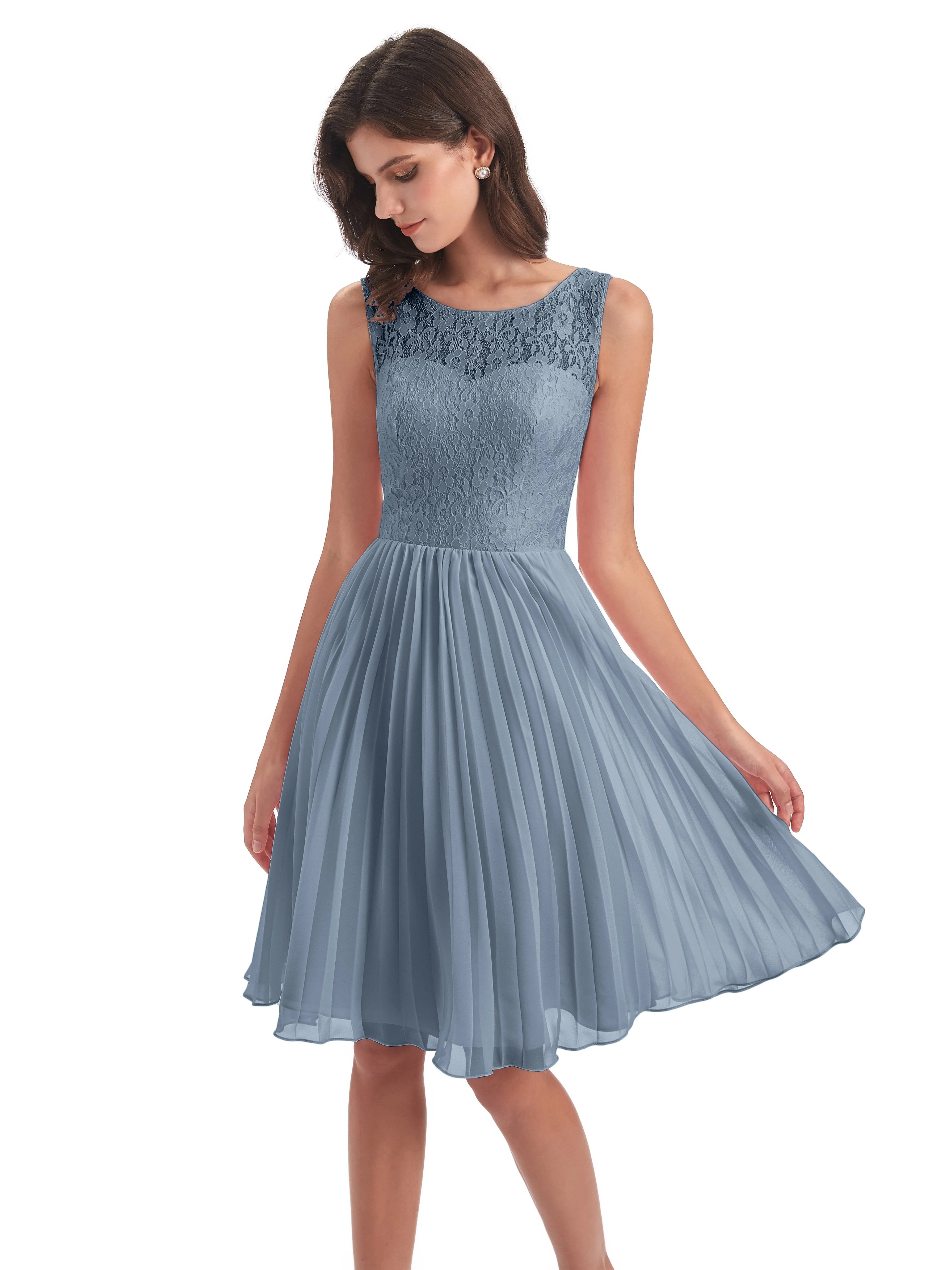 Phoebe Fitted Chiffon/Lace A-line Bateau Short Bridesmaid Dresses