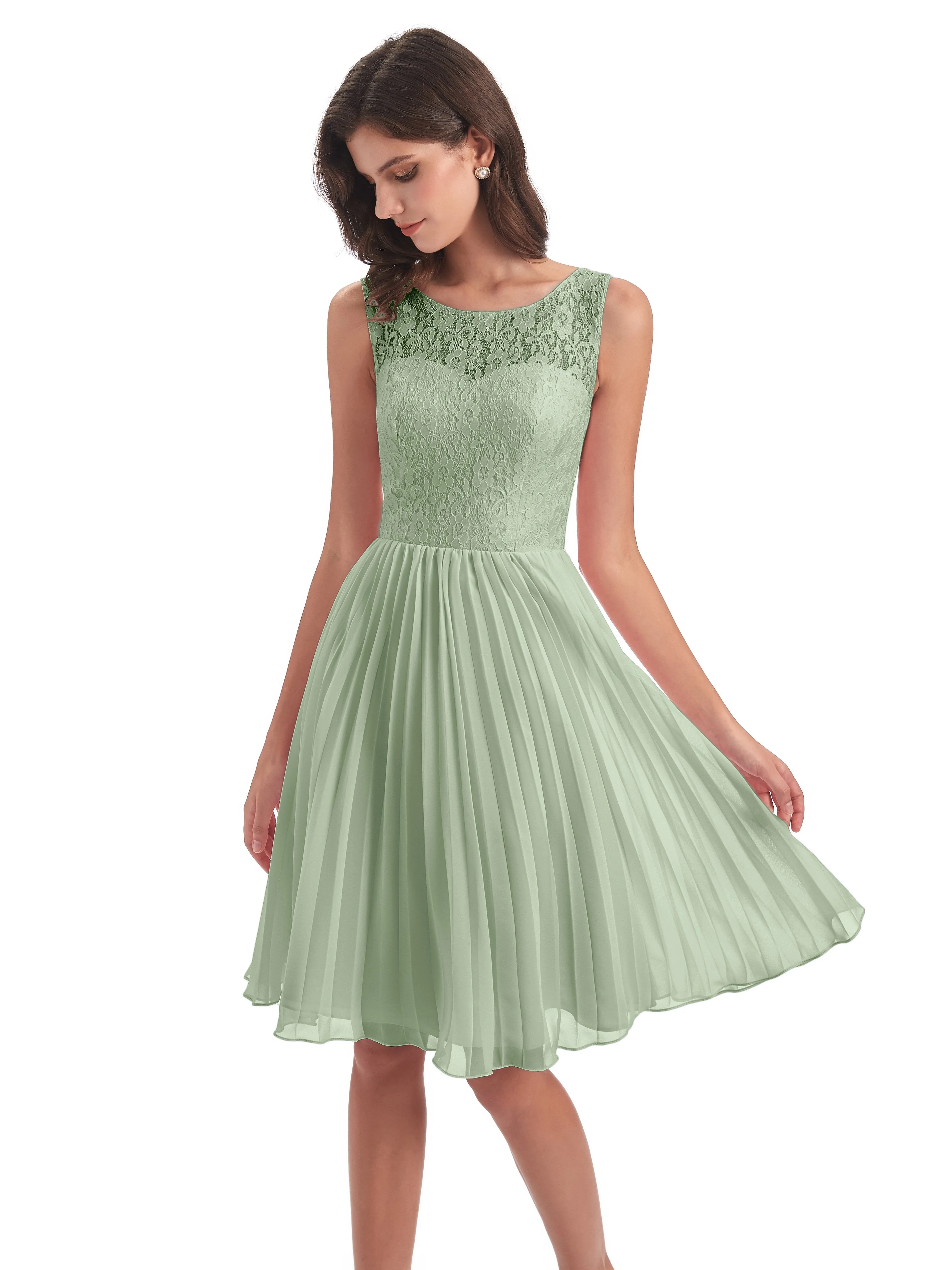 Phoebe Fitted Chiffon/Lace A-line Bateau Short Bridesmaid Dresses