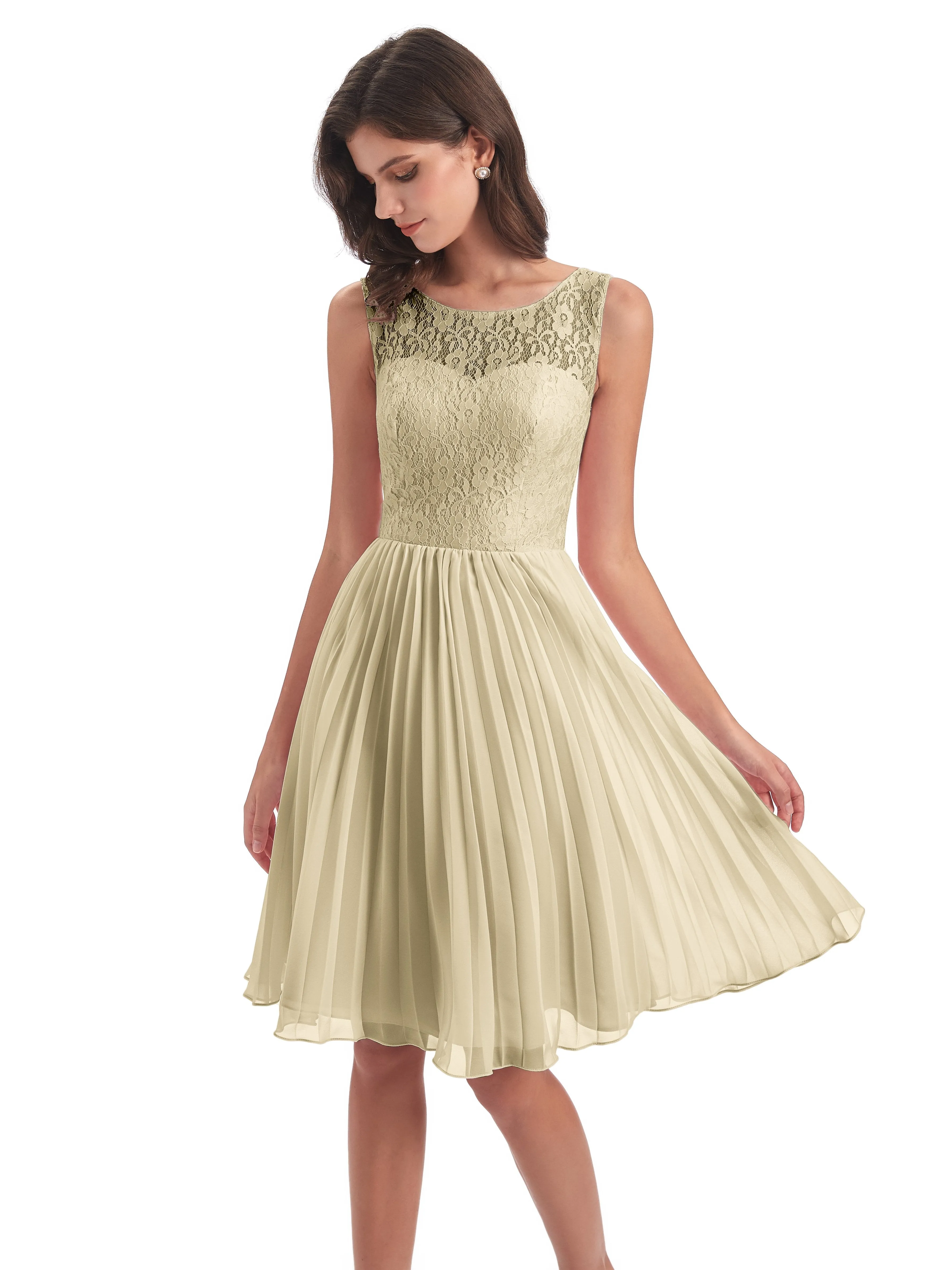 Phoebe Fitted Chiffon/Lace A-line Bateau Short Bridesmaid Dresses