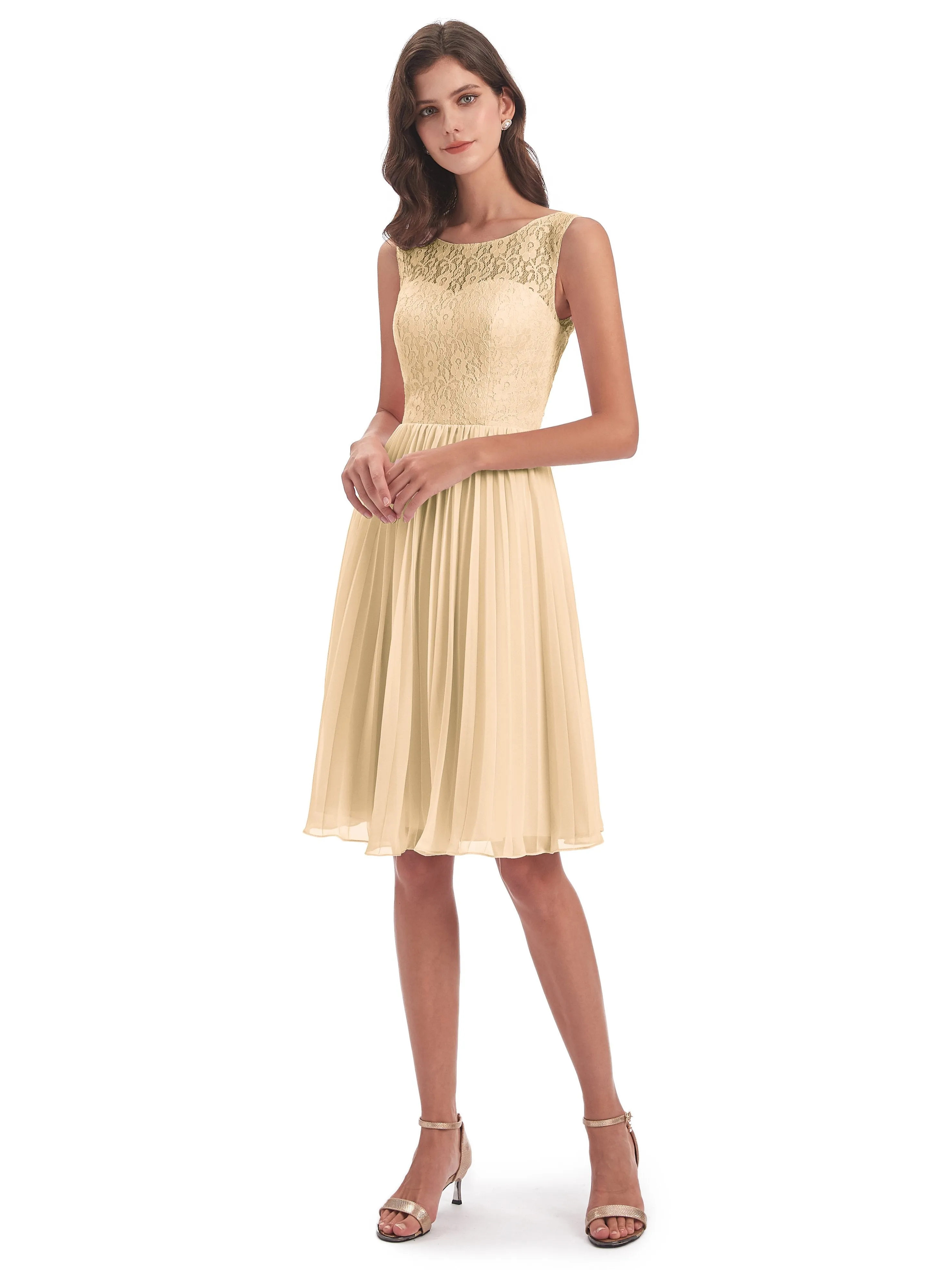 Phoebe Fitted Chiffon/Lace A-line Bateau Short Bridesmaid Dresses