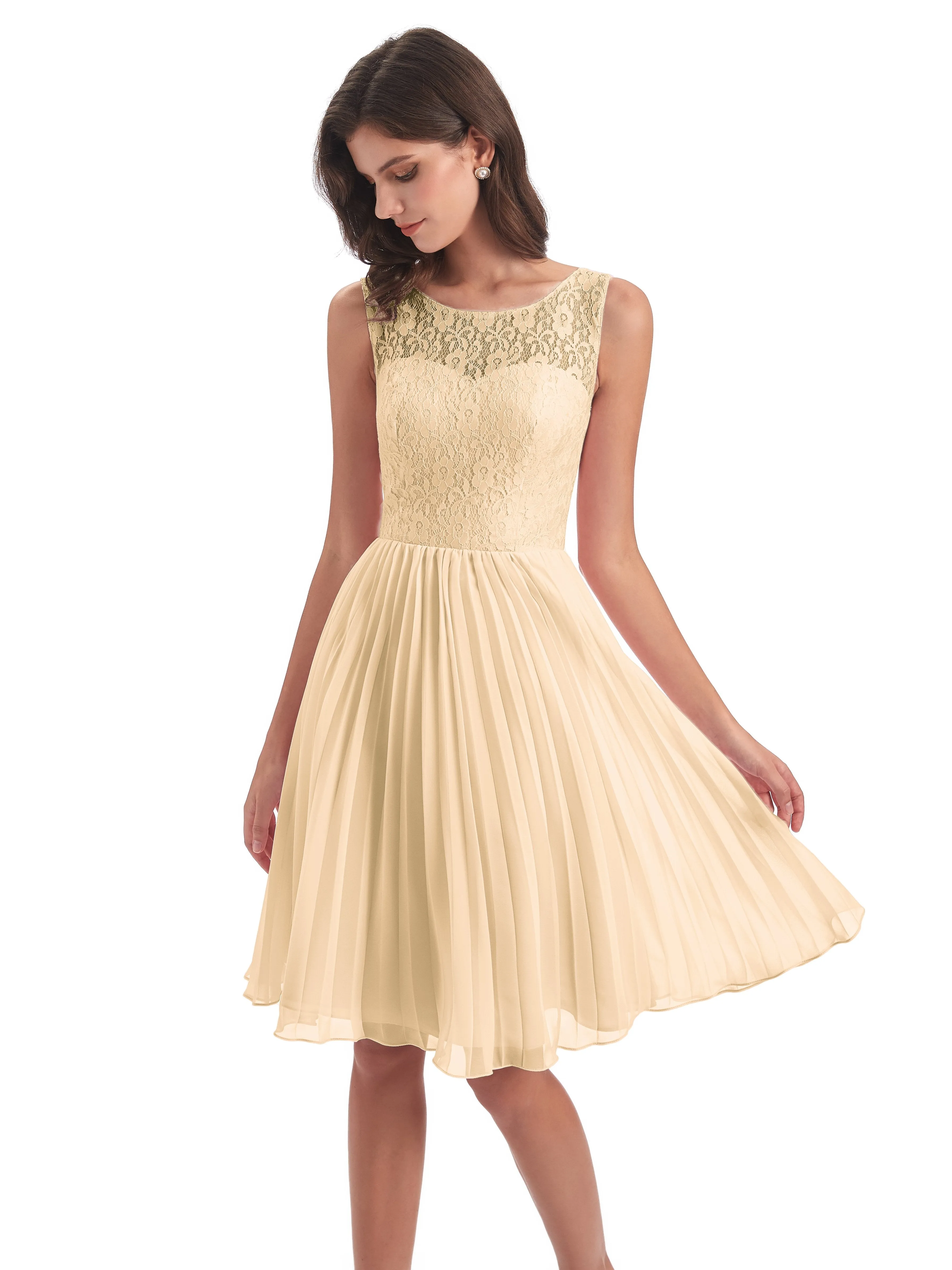 Phoebe Fitted Chiffon/Lace A-line Bateau Short Bridesmaid Dresses