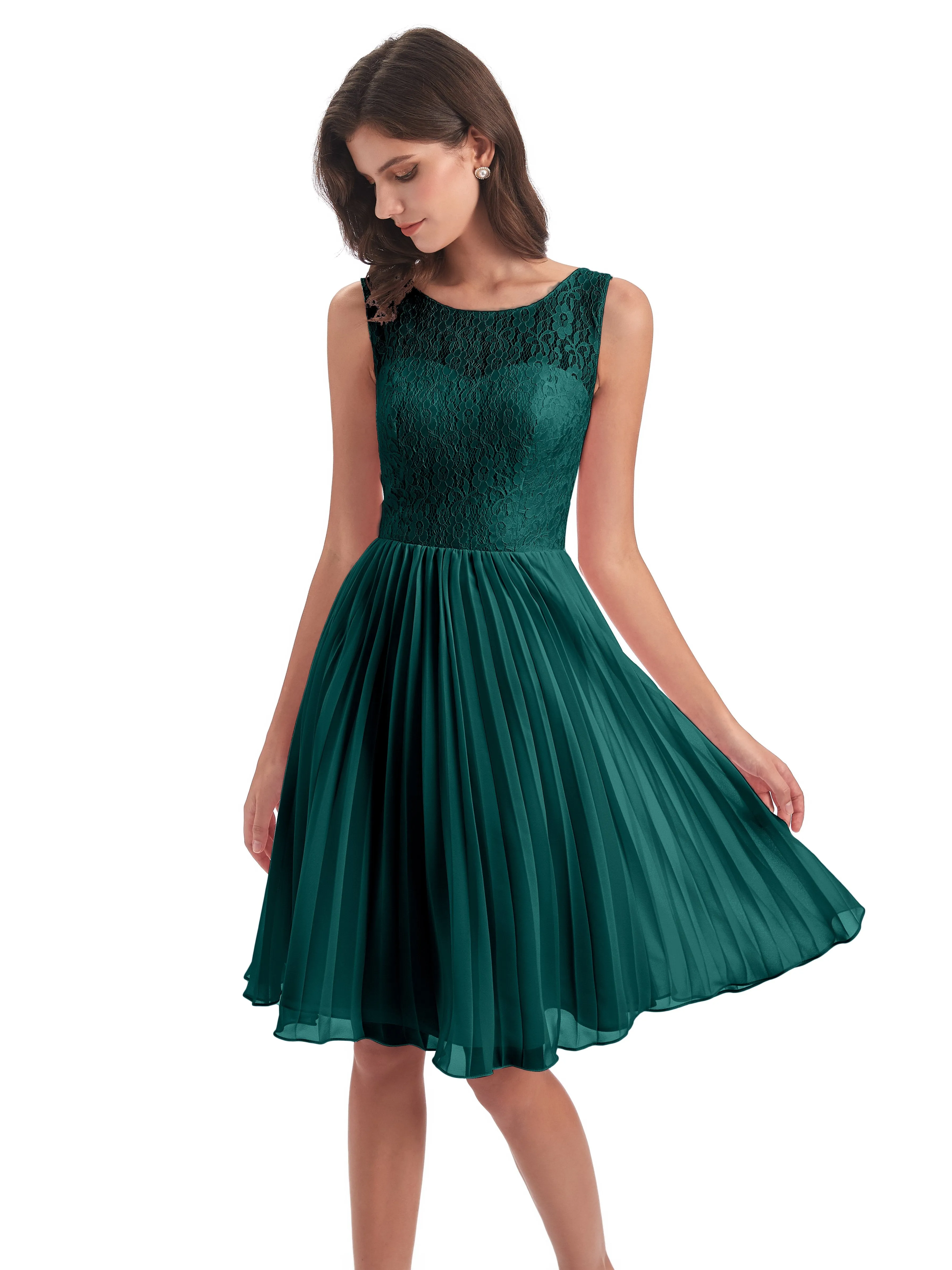 Phoebe Fitted Chiffon/Lace A-line Bateau Short Bridesmaid Dresses