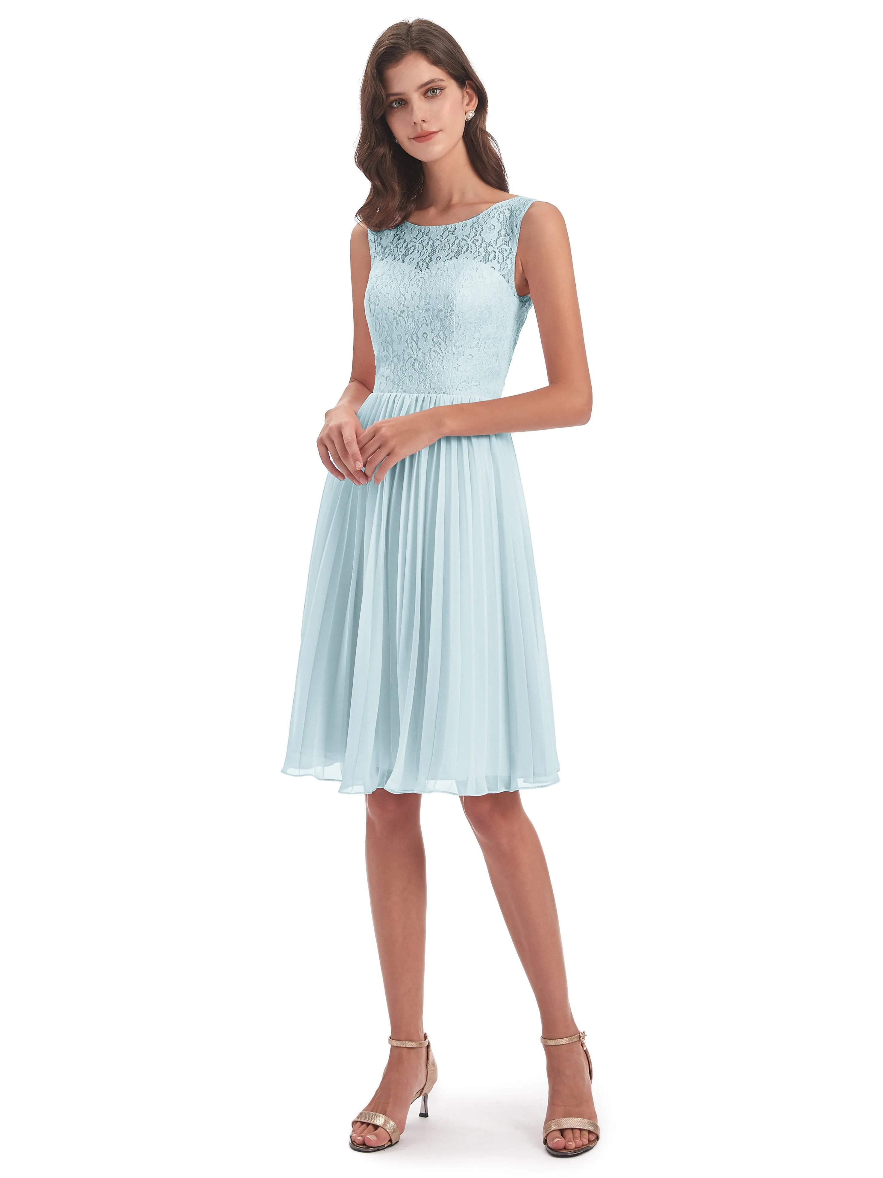 Phoebe Fitted Chiffon/Lace A-line Bateau Short Bridesmaid Dresses