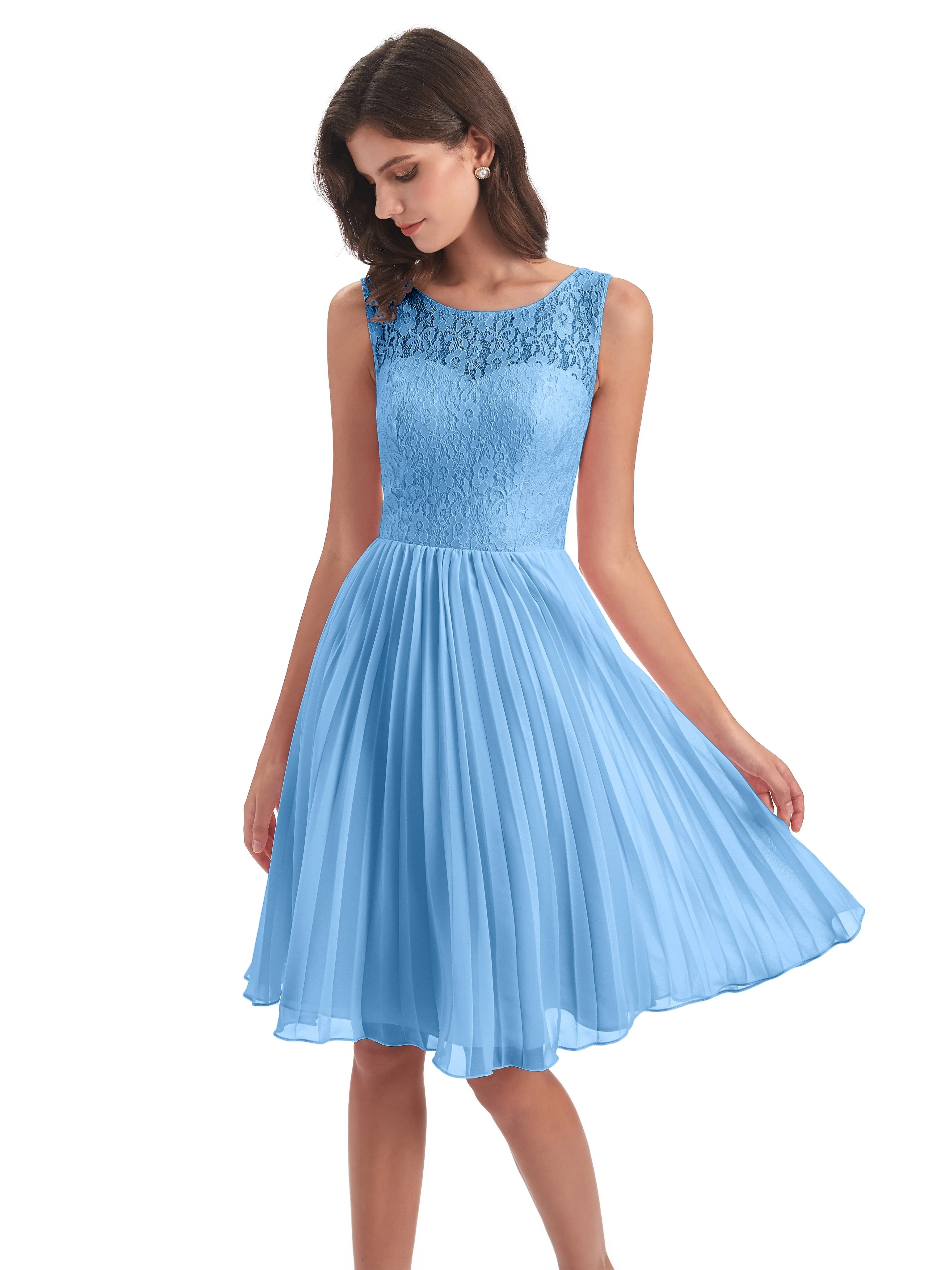 Phoebe Fitted Chiffon/Lace A-line Bateau Short Bridesmaid Dresses