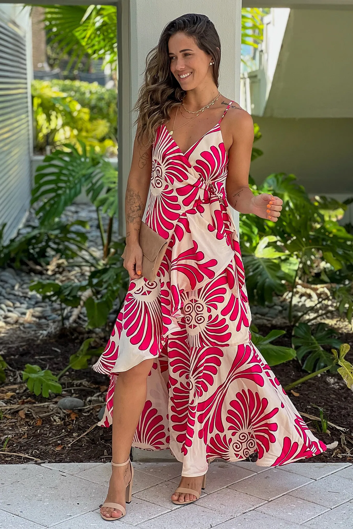 Pink And Cream Printed Wrap Dress