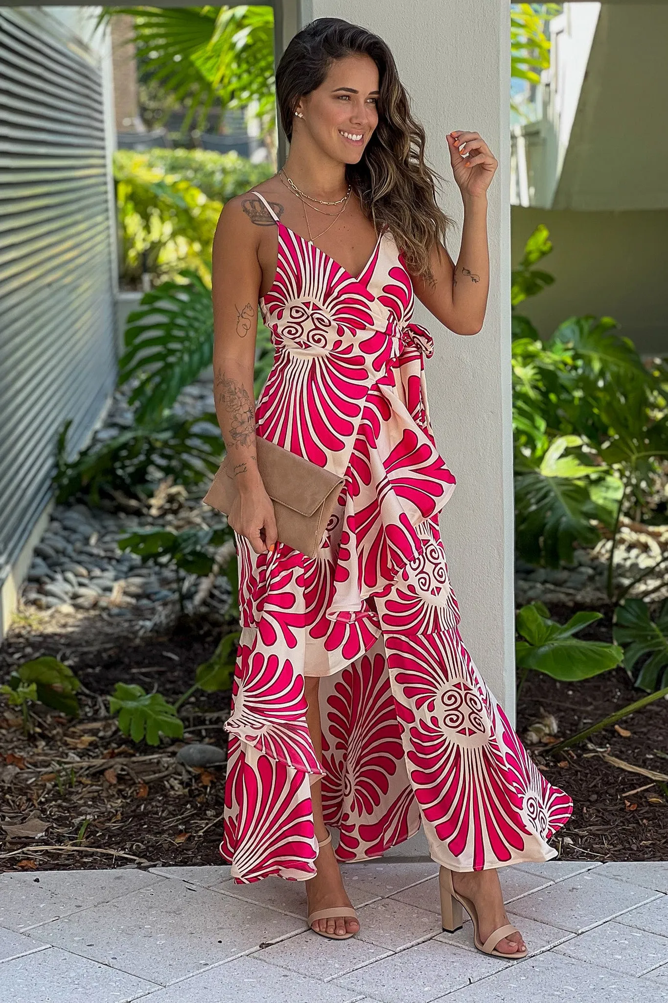 Pink And Cream Printed Wrap Dress